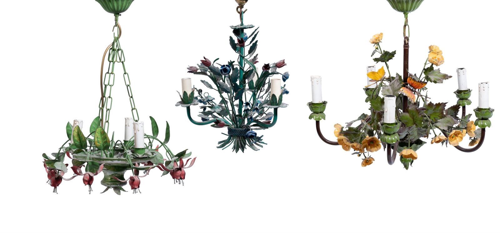 A SET OF THREE TOLE PEINTE FLORAL CHANDELIERS, CONTINENTAL (1 of 5)