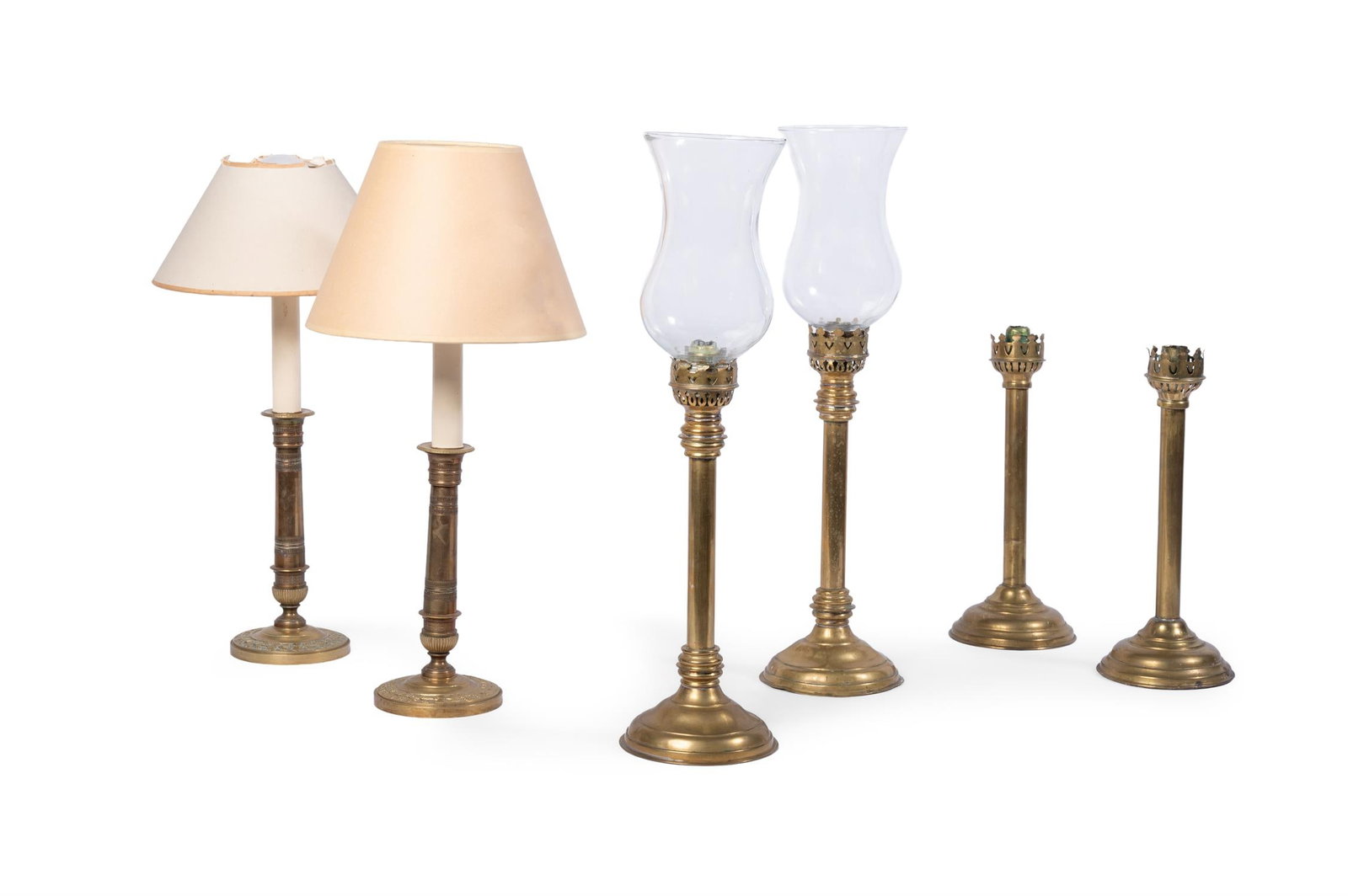 A PAIR OF BRASS CANDLESTICK TABLE LIGHTS, 20TH CENTURY (1 of 3)