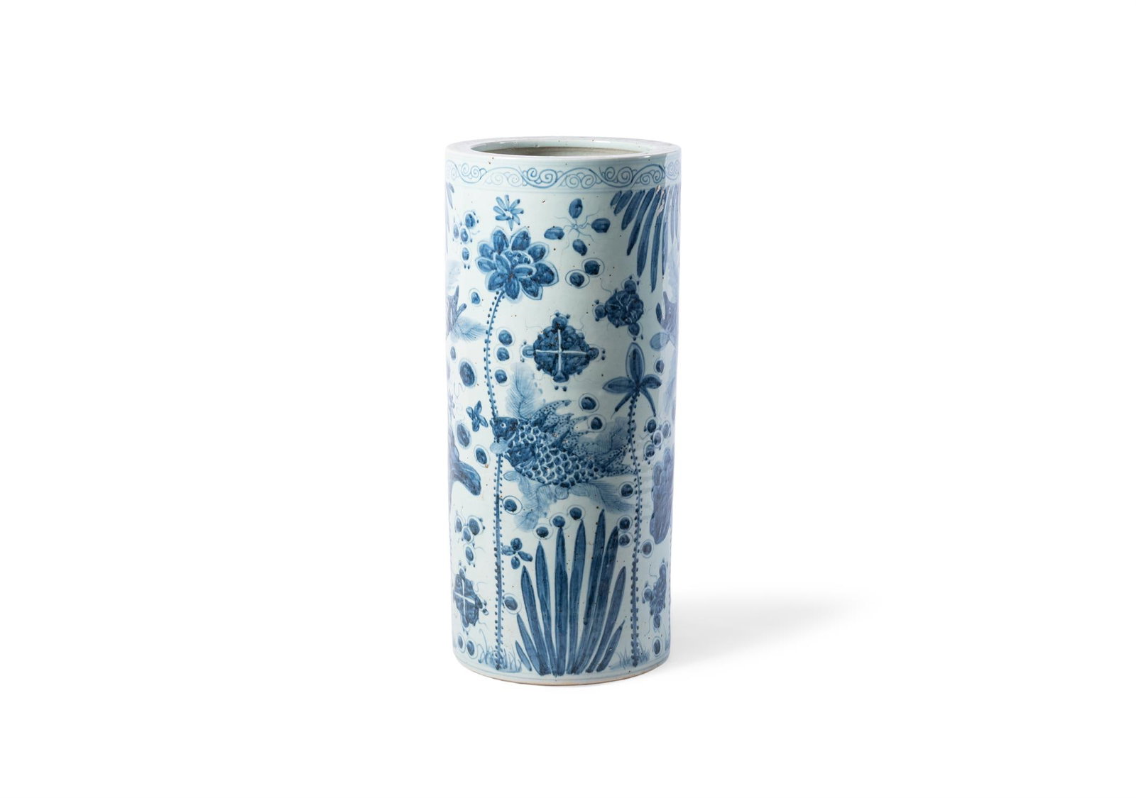 A CHINESE BLUE AND WHITE CYLINDRICAL FLOOR VASE, MODERN (1 of 3)