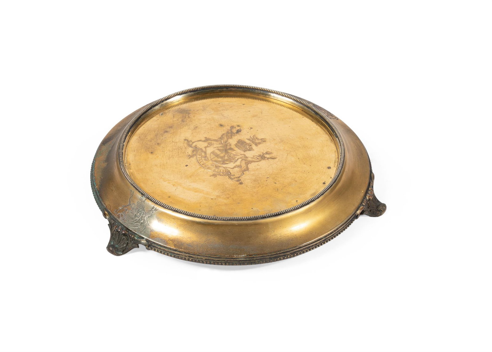 A VICTORIAN GILT METAL CIRCULAR PLATEAU, LATE 19TH CENTURY (1 of 3)