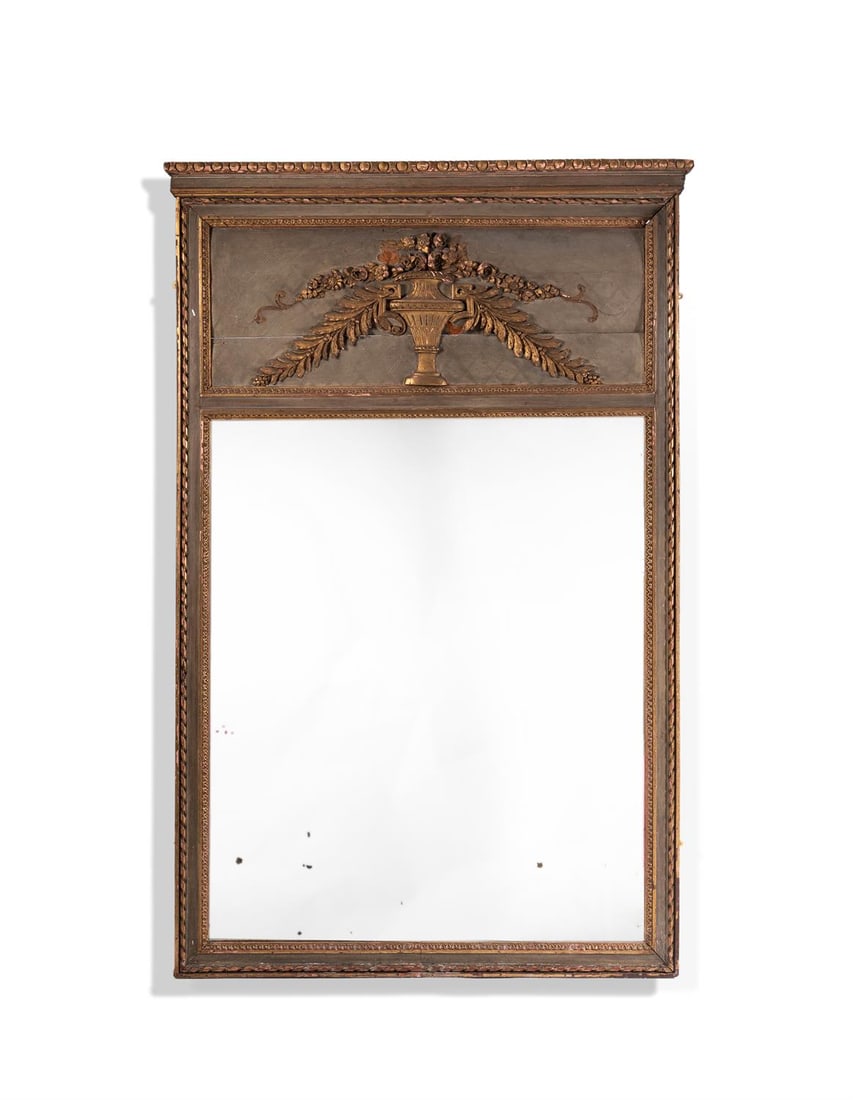A GREEN PAINTED AND PARCEL GILT OVERMANTEL OF LOUIS XVI STYLE: A GREEN PAINTED AND PARCEL GILT OVERMANTELOF LOUIS XVI STYLE, LATE 19TH CENTURYThe panelled surround with ribbon and waterleaf borders, the rectangular plate surmounted by a panel with a vase of flowe
