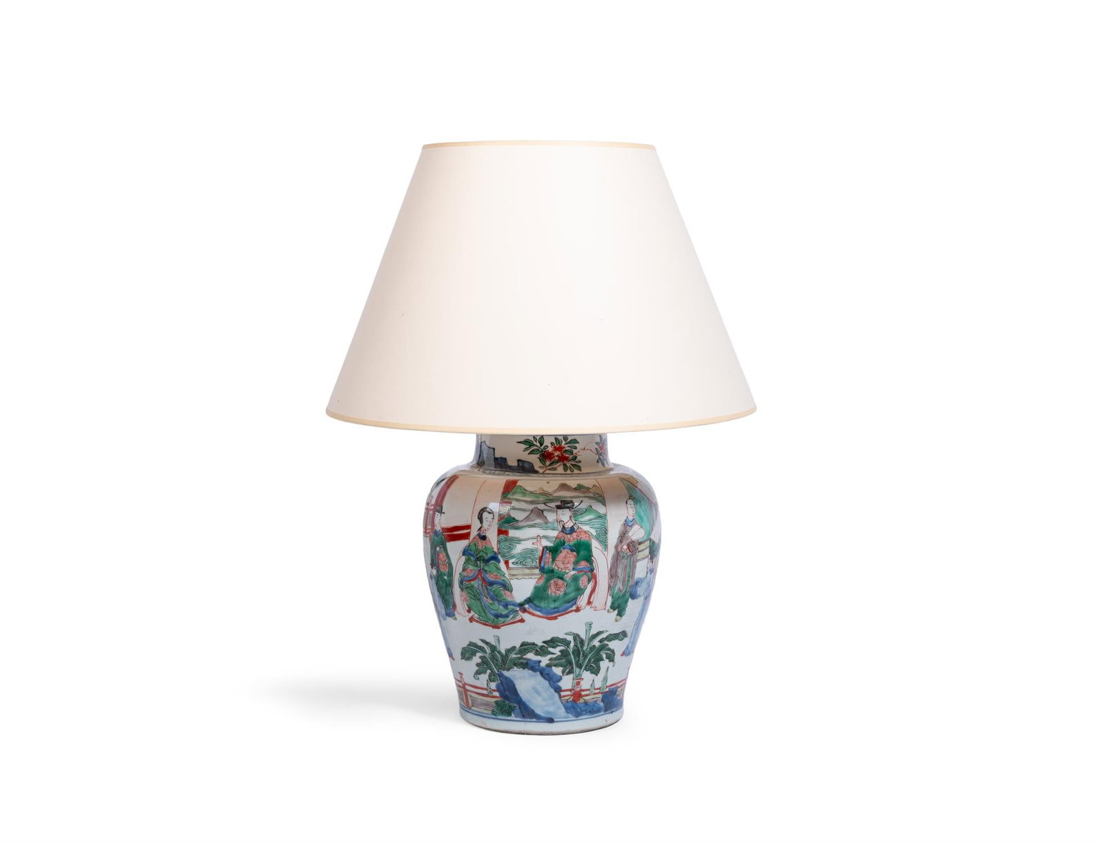 A CHINESE WUCAI VASE, 17TH CENTURY: A CHINESE WUCAI VASE 17TH CENTURYPainted with the scene of General Guo Ziyi's birthday celebration and adapted as lampVase 32cm high