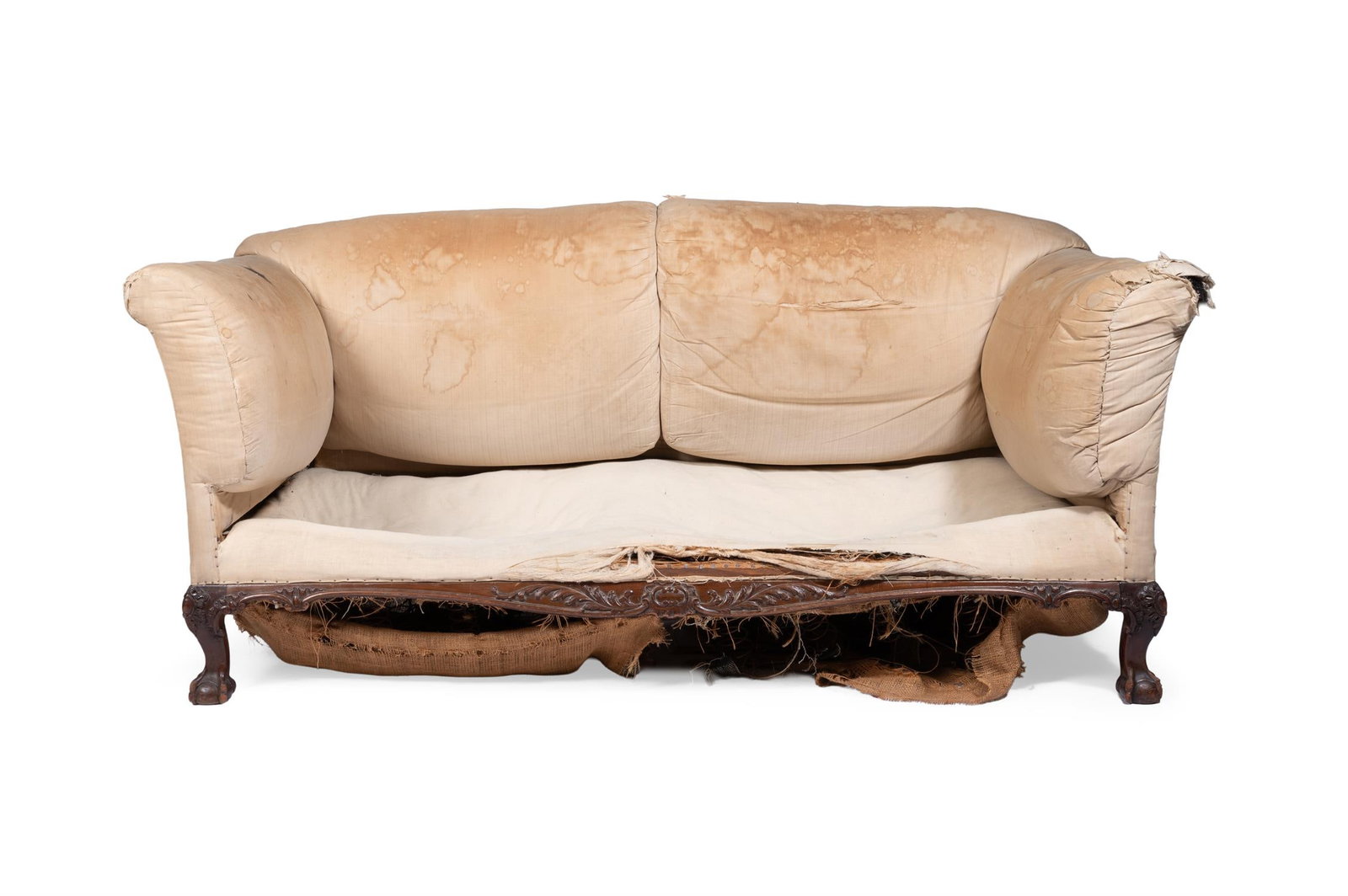 A LATE VICTORIAN HOWARD & SONS MAHOGANY SOFA, CIRCA 1900: A LATE VICTORIAN HOWARD & SONS MAHOGANY SOFA CIRCA 1900With a slightly arched back and out-turned arms, the seat rail carved with scrolls and foliage and with shell-framed cabochons on short cabriole 