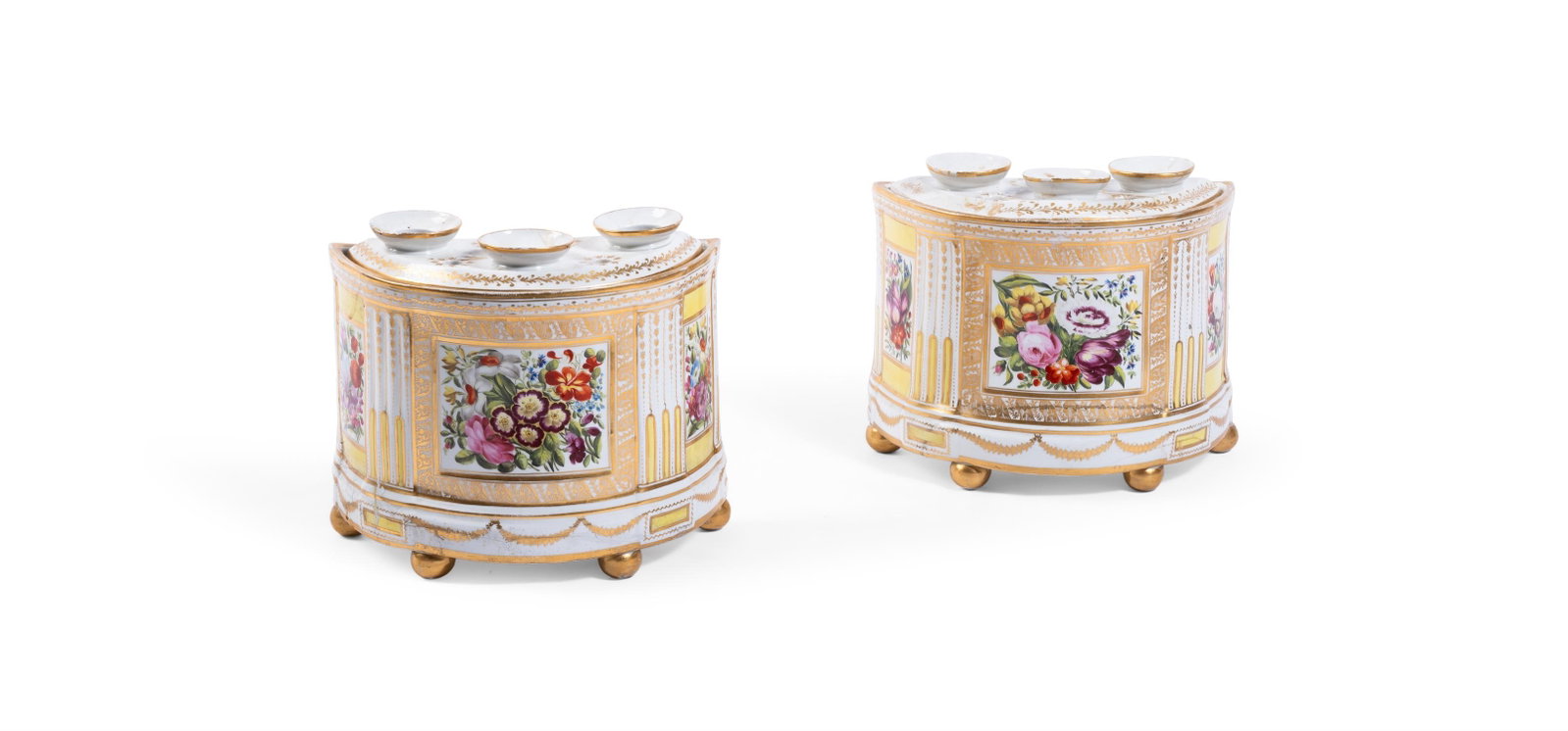 A PAIR OF COALPORT PORCELAIN DEMI-LUNE BOUGH POTS AND PIERCED COVERSEARLY 19TH CENTURY Painted wit (1 of 5)