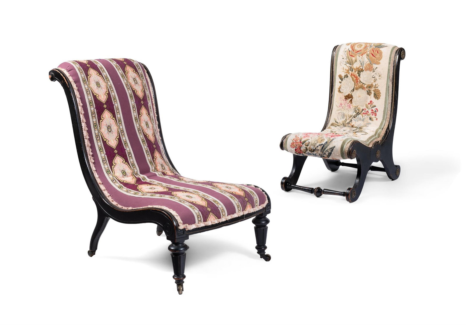 TWO MID VICTORIAN EBONISED AND BRASS MOUNTED NEEDLEWORK COVERED SLIPPER CHAIRS, CIRCA 1870 (1 of 4)