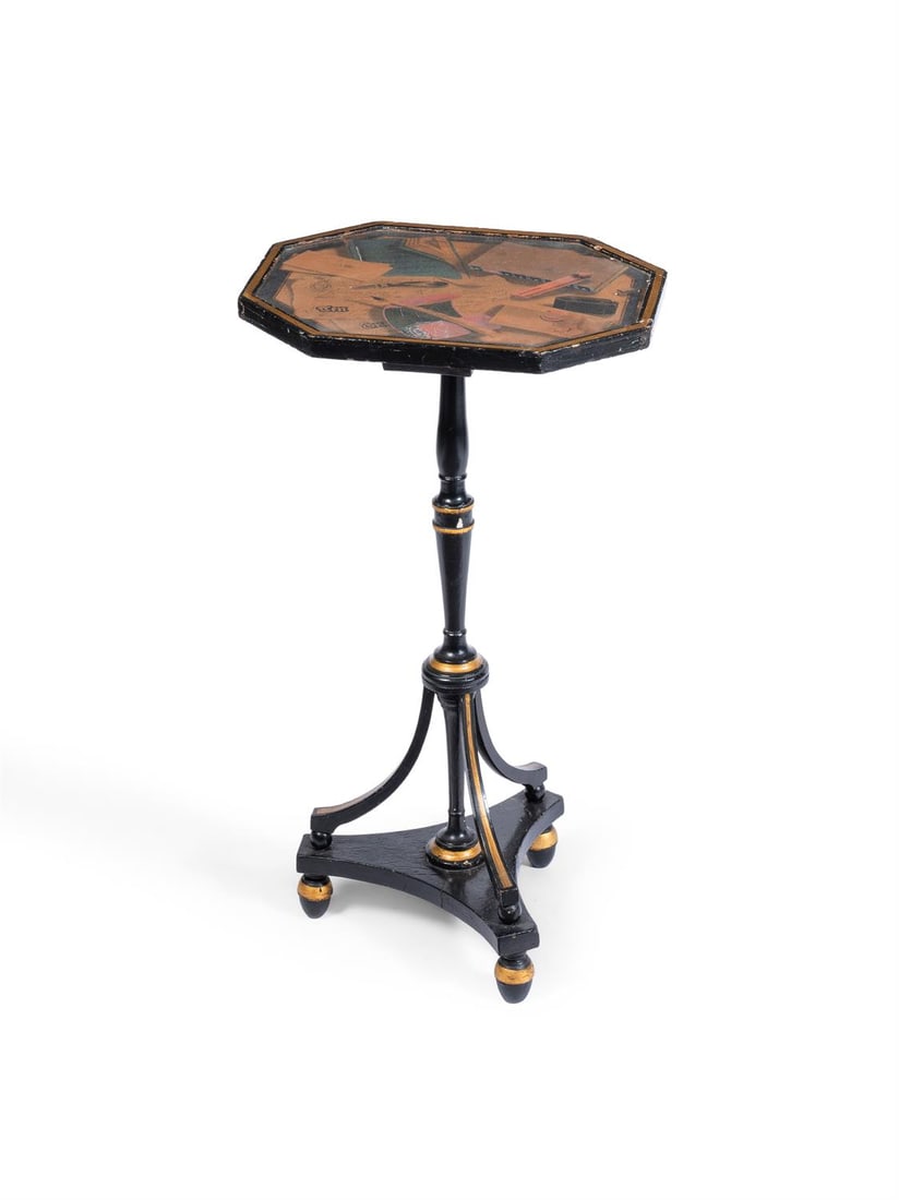 A REGENCY BLACK PAINTED AND PARCEL GILT TRIPOD TABLE, EARLY 19TH CENTURY AND LATER (1 of 2)