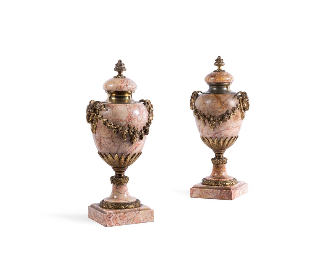 A PAIR OF GILT METAL MOUNTED RED VEINED BEIGE MARBLE URNS AND COVERS OF LOUIS XVI STYLE (1 of 4)