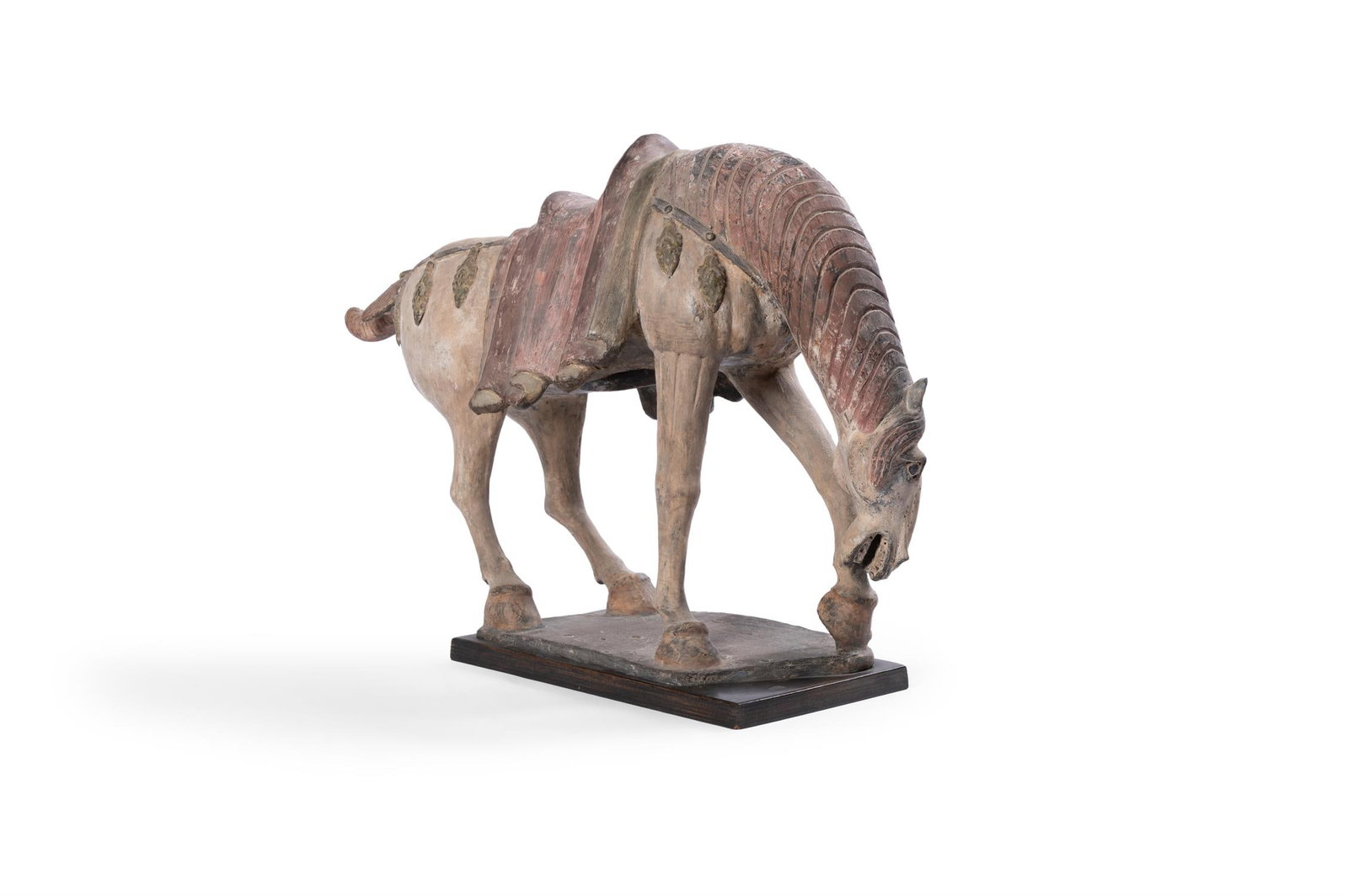 A CHINESE TANG STYLE SANCAI POTTERY MODEL OF A CAPARISONED HORSE, MODERN (1 of 3)