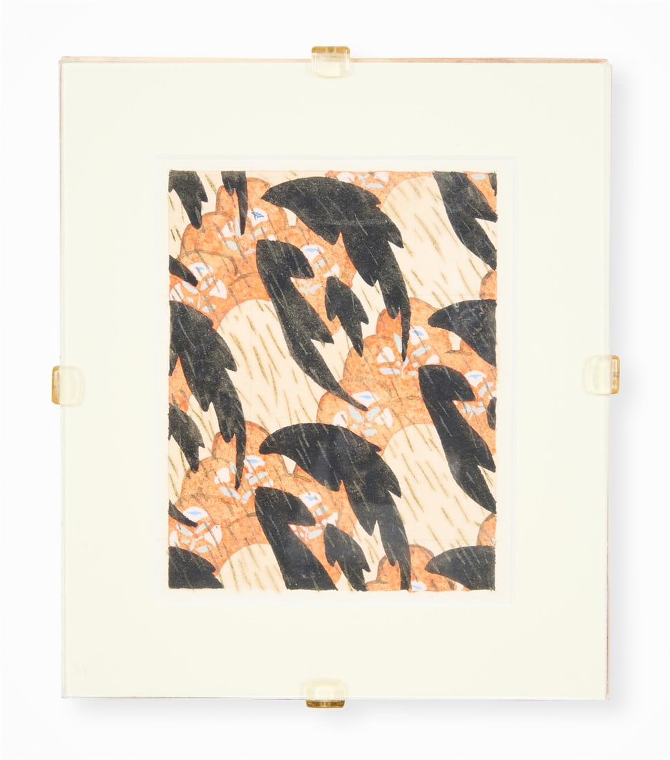 λ EDMUND DULAC (FRENCH/BRITISH 1882-1953) PAPER DESIGN IN ORANGE AND BLACK: λ EDMUND DULAC (FRENCH/BRITISH 1882-1953) PAPER DESIGN IN ORANGE AND BLACKInk and watercolour, squared for transfer12.5 x 10cm (4¾ x 3¾in.) λ indicates that this lot may be subject