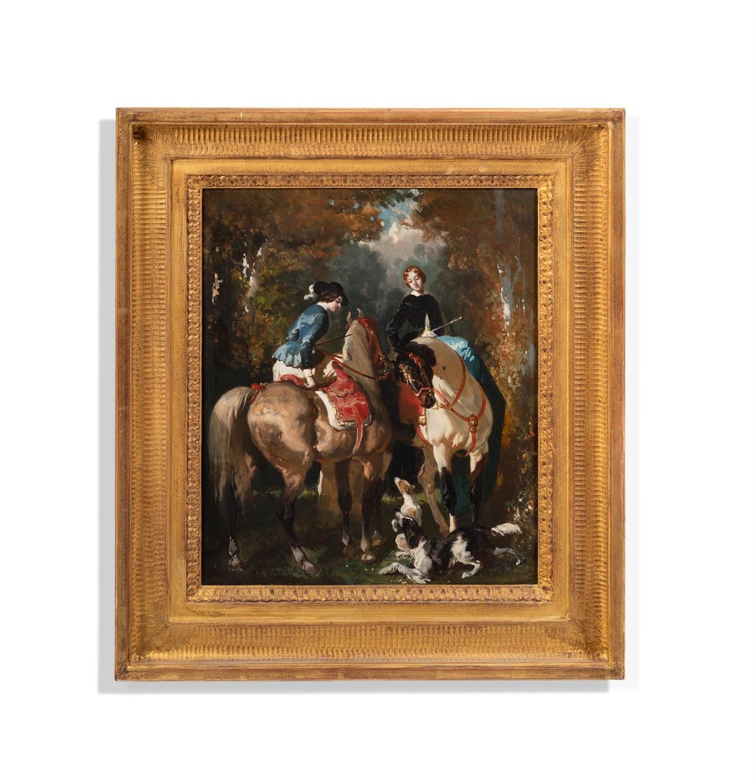 ALFRED DE DREUX (1810-1860) TWO LADIES ON HORSEBACK WITH DOGS IN A WOOD (1 of 3)