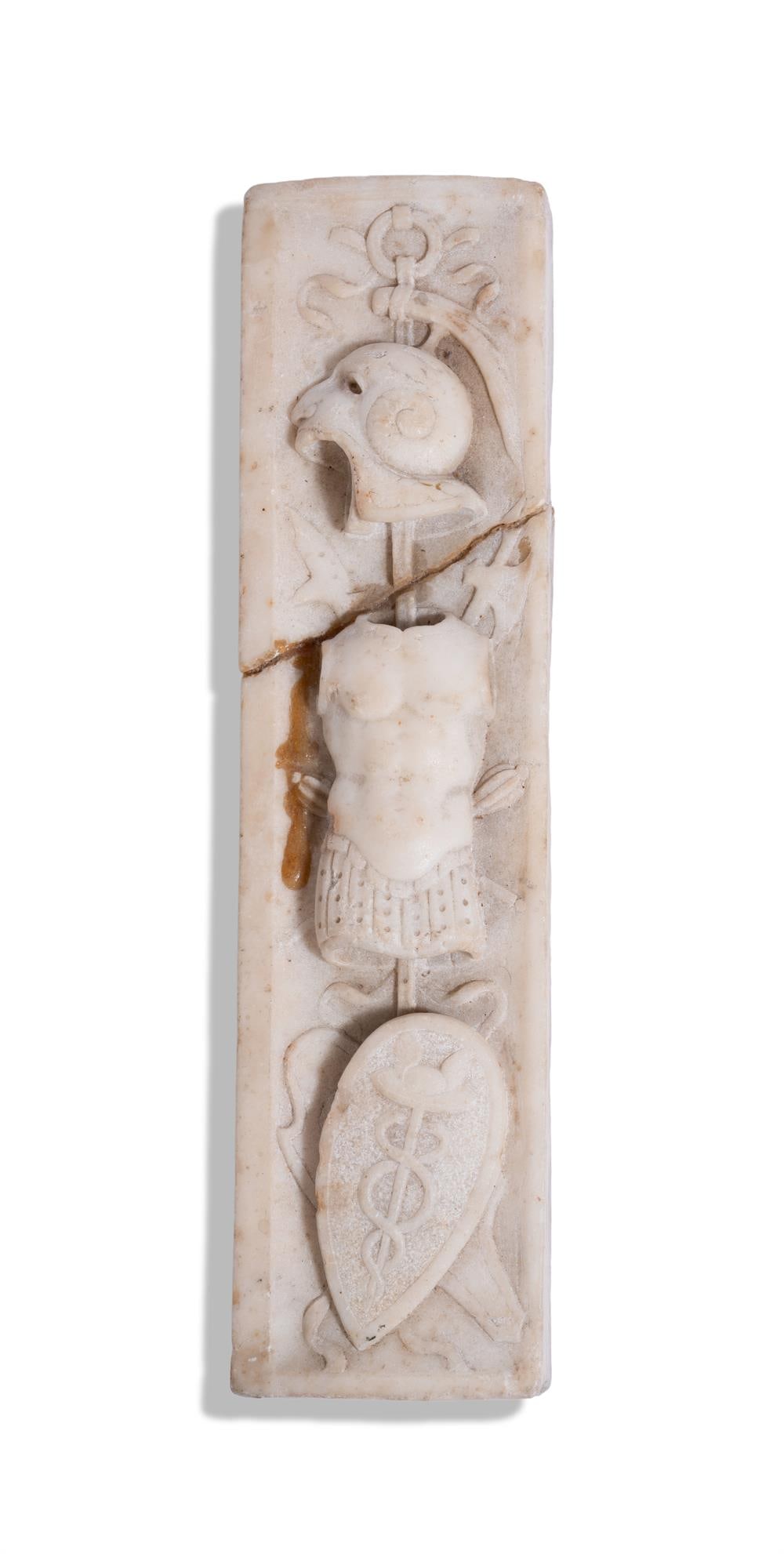 A CARVED ALABASTER SECTION WITH MARTIAL DECORATION, ITALIAN (1 of 4)