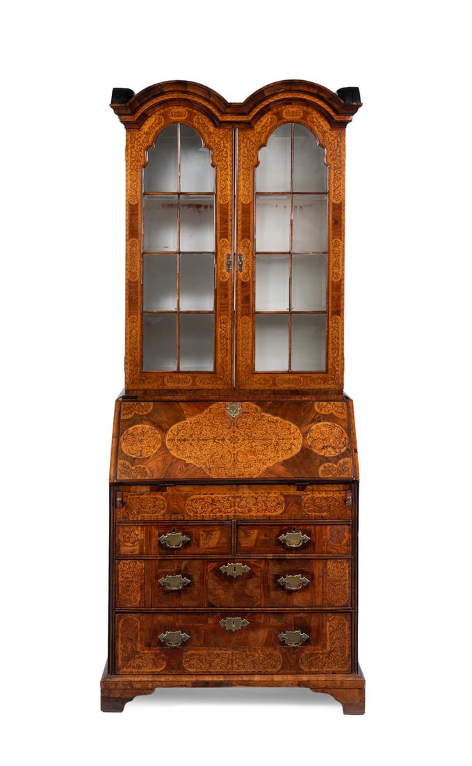 A WALNUT, ELM, PADOUK AND SEAWEED MARQUETRY BUREAU CABINET OF WILLIAM & MARY STYLE (1 of 6)