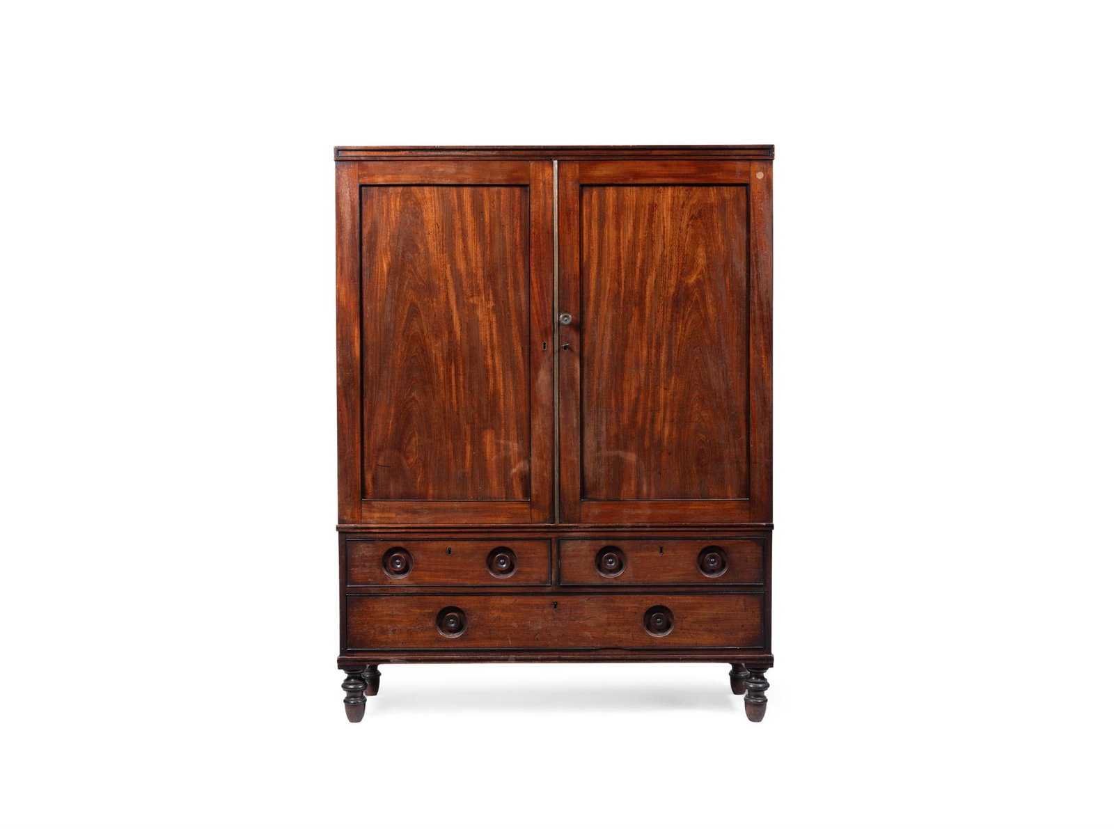 Y A REGENCY MAHOGANY, EBONY AND EBONISED CAMPAIGN STYLE CLOTHES PRESS, CIRCA 1820 (1 of 4)