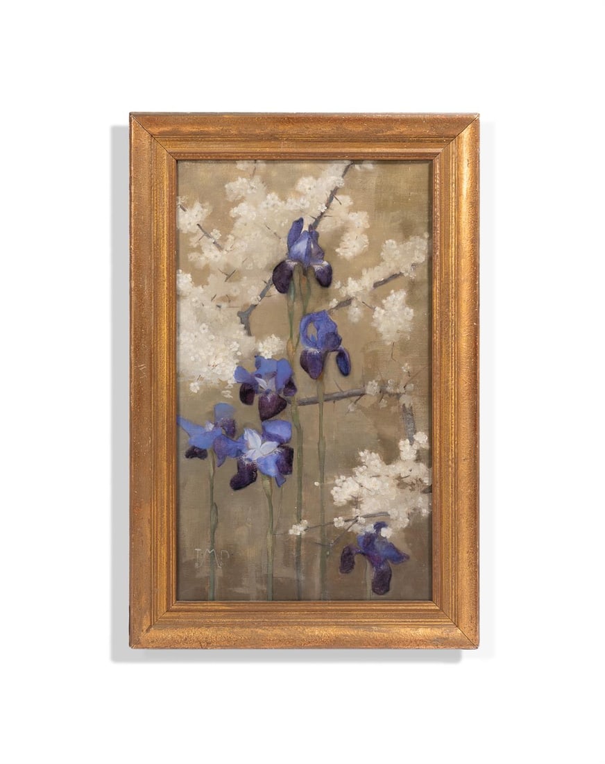THOMAS MILLIE DOW (BRITISH 1848-1919) FLOWER PIECE - IRIS AND BLOSSOM: THOMAS MILLIE DOW (BRITISH 1848-1919) FLOWER PIECE - IRIS AND BLOSSOMOil on canvasSigned with initials (lower left)54 x 31cm (21¼ x 12in.)Provenance:Private Collection, John Nairn, Forth Park, Ki