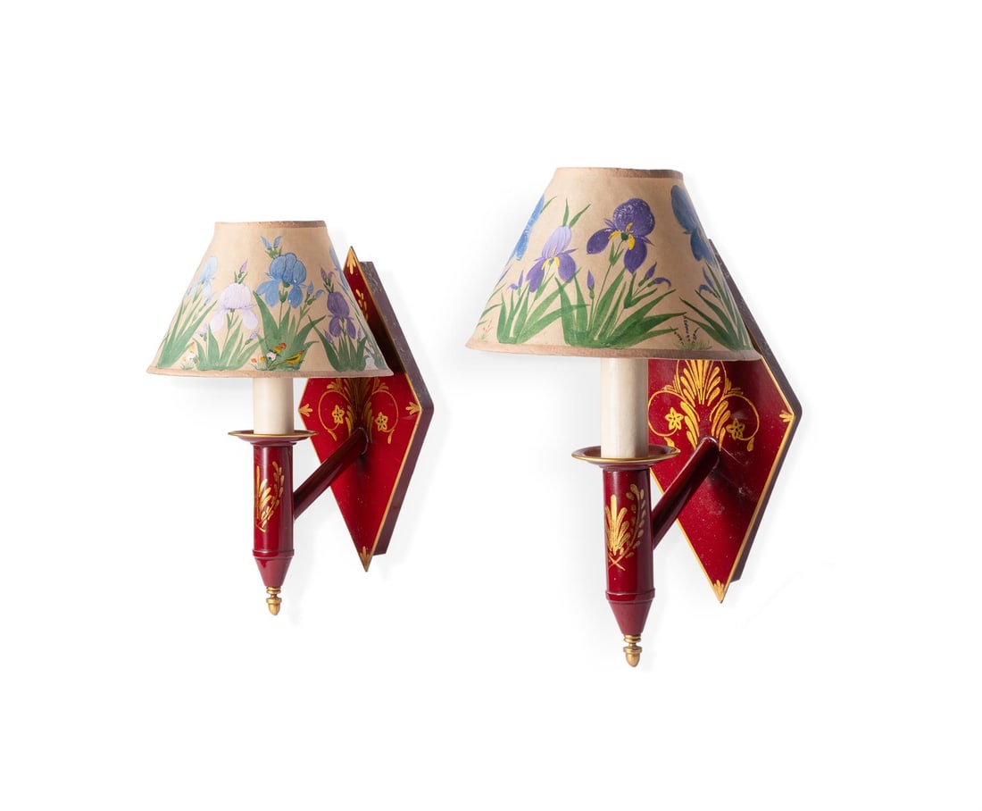 A PAIR OF RED AND GILT TOLE PEINTE WALL LIGHTS OF EMPIRE STYLE (1 of 1)