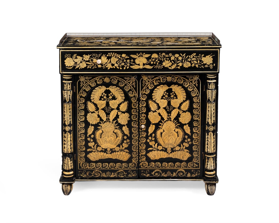 A CREAM AND BLACK PENWORK CABINET OF REGENCY STYLE (1 of 5)