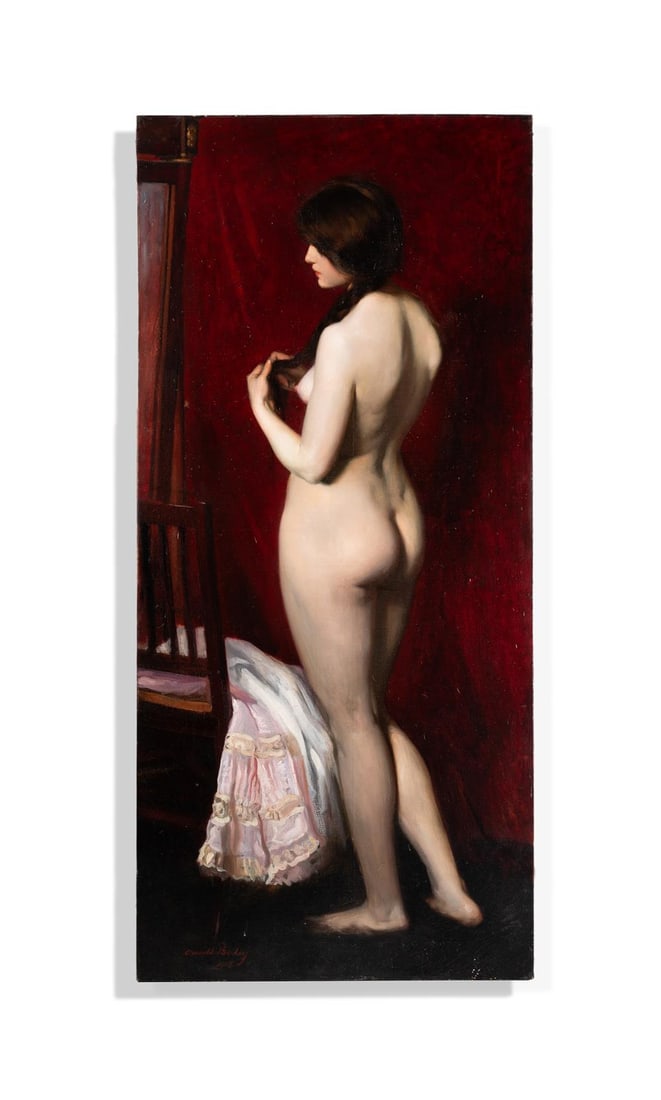SIR OSWALD BIRLEY (BRITISH 1880-1952) STANDING FEMALE NUDE: SIR OSWALD BIRLEY (BRITISH 1880-1952) STANDING FEMALE NUDEOil on canvasSigned and dated 1903 (lower left)175 x 80cm (68¾ x 31¼in.)UnframedProvenance:Charleston Manor, Alfriston, Sussex, The 