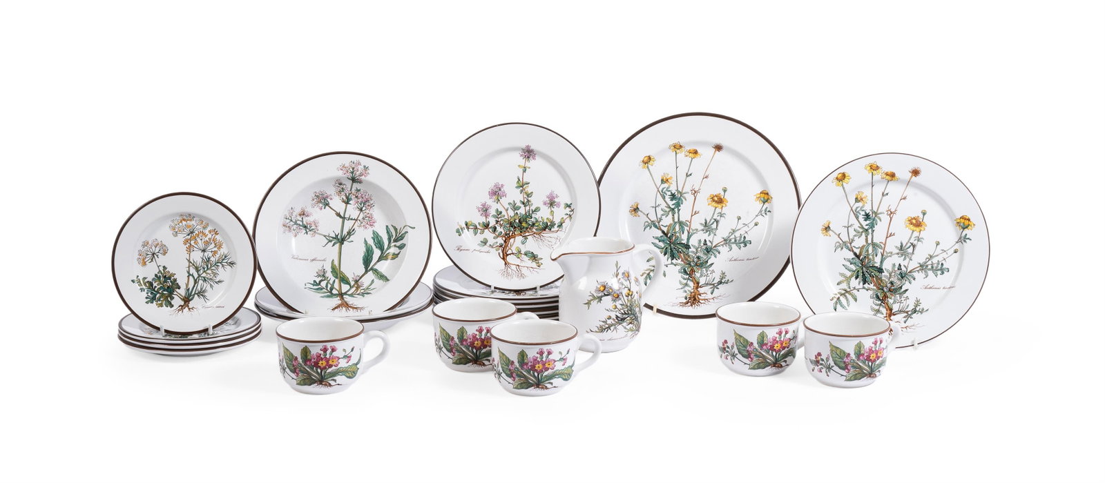A VILLEROY & BOCH 'BOTANICA' PART BREAKFAST SERVICE, MODERN: A VILLEROY & BOCH 'BOTANICA' PART BREAKFAST SERVICEMODERNPrinted with named floral sprays, comprising:Three bowls, 22cm diameterSix breakfast plates, 21cm diameter, four side plates 17cm diameterTwo v