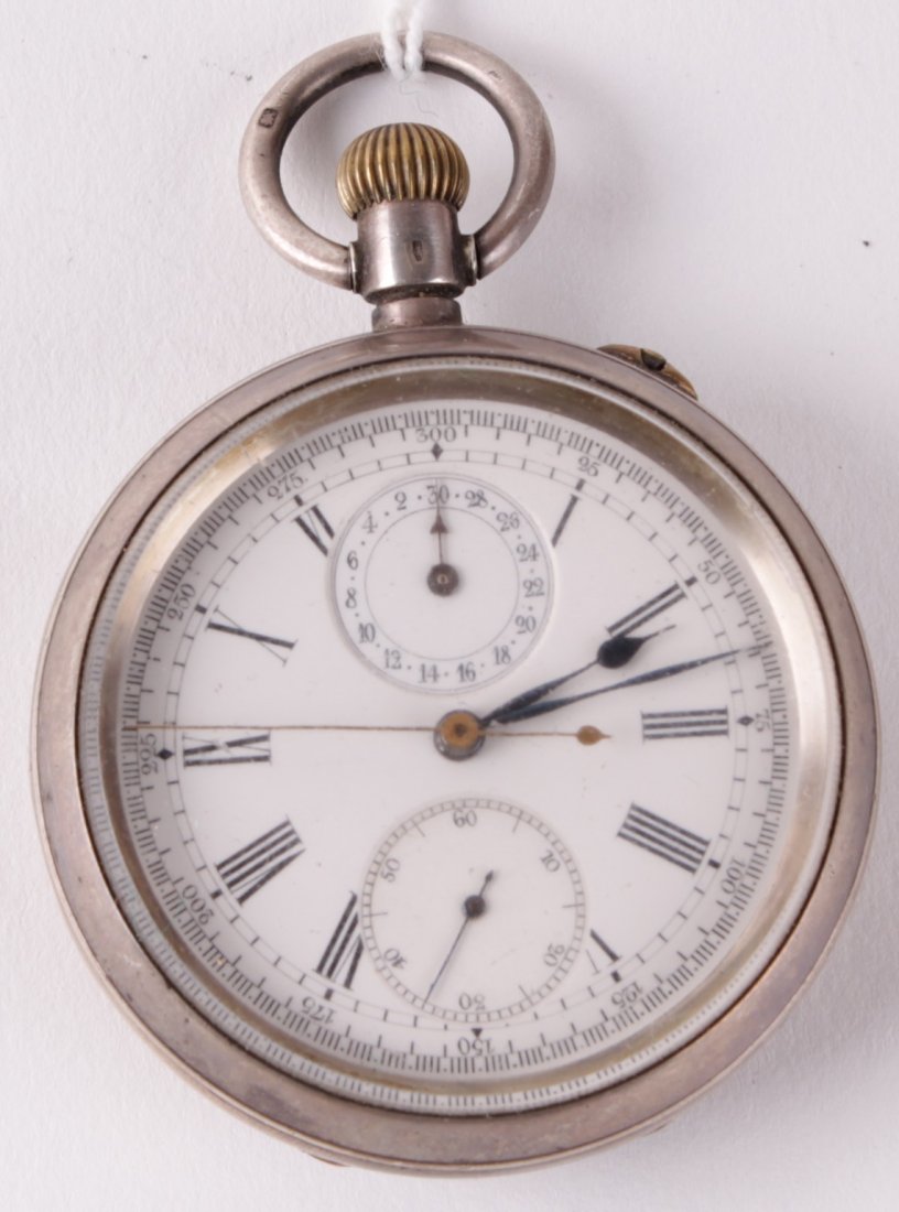 'The Ascot', an open faced pocket watch with stop: 'The Ascot', an open faced pocket watch with stop watch mechanism, in a silver case with continental control marks, the white enamel dial with black Roman numerals, black hands, gilt sweep se