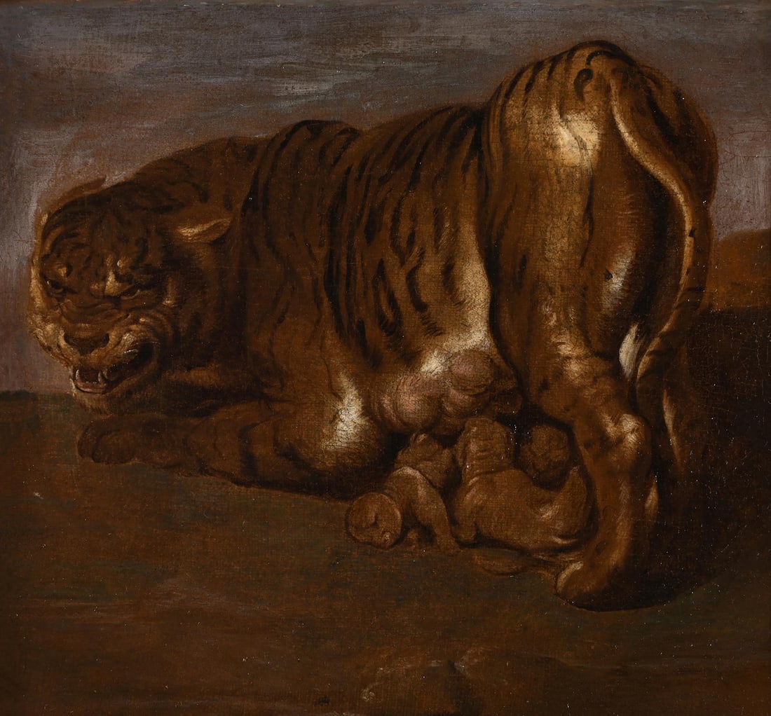 FOLLOWER OF PETER PAUL RUBENS, TIGRESS AND THREE CUBS: FOLLOWER OF PETER PAUL RUBENSTIGRESS AND THREE CUBSOil on canvas29.5 x 32cm (11½ x 12½in.)After the tigress in the Four Continents in the Kunsthistorisches Museum, Vienna