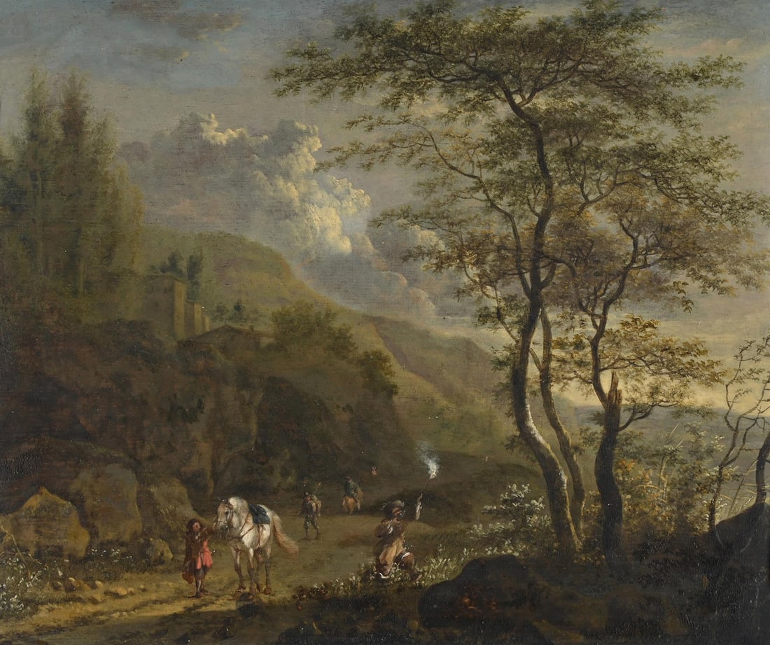 CIRCLE OF JAN HACKAERT (DUTCH 1629-1685), ITALIANATE LANDSCAPE WITH HUNTERS (1 of 3)