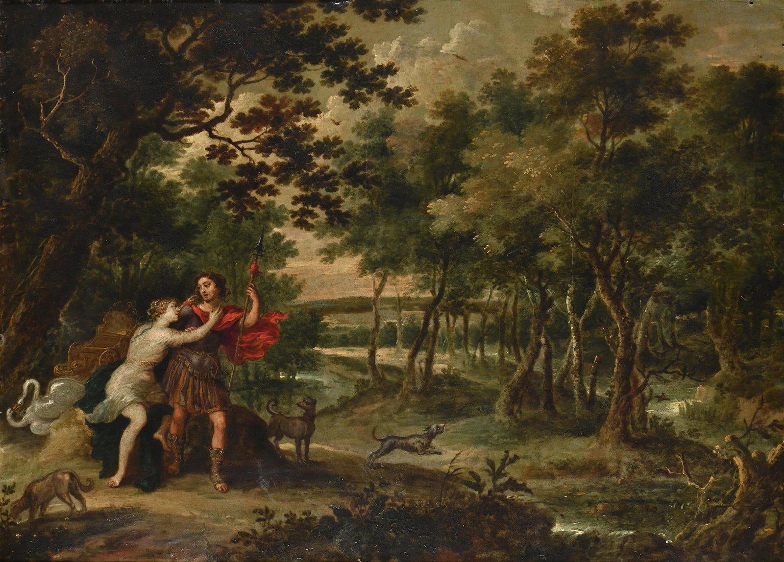 THE MONOGRAMIST A.W. IN. F (FLEMISH 17TH CENTURY), VENUS AND ADONIS: THE MONOGRAMIST A.W. IN. F (FLEMISH 17TH CENTURY)VENUS AND ADONISOil on copper58 x 80.5cm (22¾ x 31½in.)The present picture can be connected stylistically to the oeuvre of the artist signing