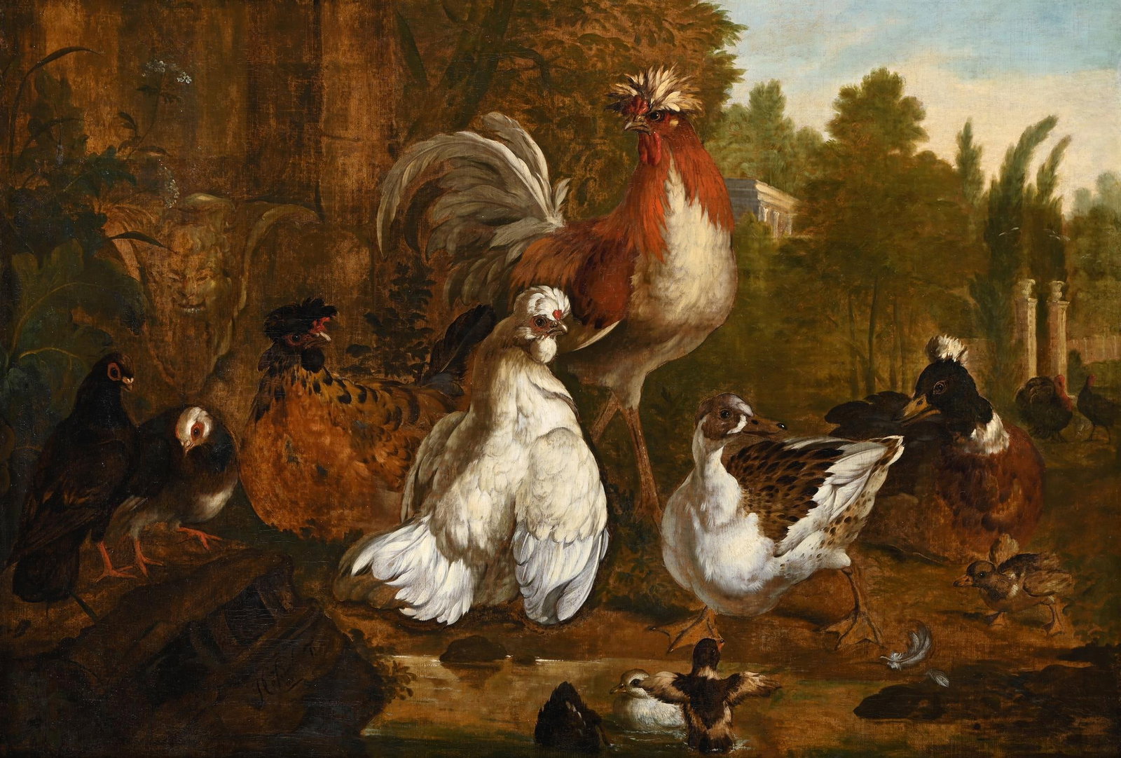 PIETER CASTEELS III (FLEMISH 1684-1749), BANTAMS, DUCKS AND PIGEON IN THE GARDEN: PIETER CASTEELS III (FLEMISH 1684 - 1749)BANTAMS, DUCKS AND PIGEON IN THE GARDEN OF A NEOCLASSICAL VILLAOil on canvasSigned and dated '1721' (lower left)84 x 123cm (33 x 48¼in.)Provenance:Sale, S
