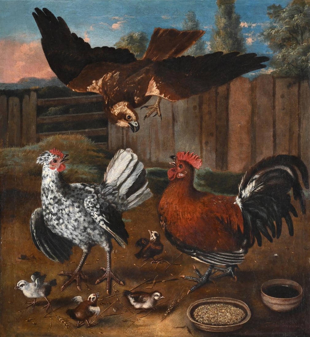 TRAJAN HUGHES (BRITISH 1670-), BUZZARD ATTACKING POULTRY IN A FARMYARD (1 of 3)