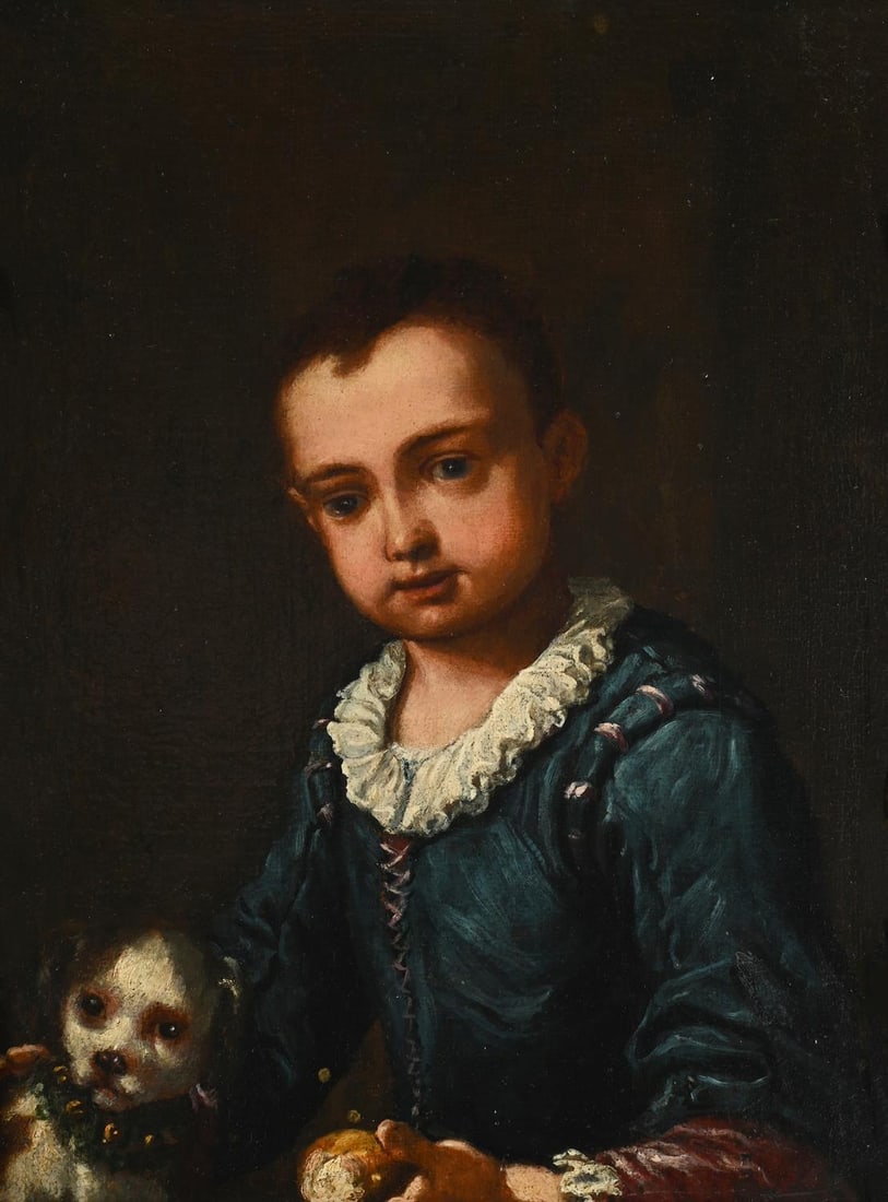 ANTONIO MERCURIO AMOROSI (ITALIAN 1660-1738), PORTRAIT OF A YOUNG BOY HOLDING A BREAD WITH A DOG: ANTONIO MERCURIO AMOROSI (ITALIAN 1660-1738)PORTRAIT OF A YOUNG BOY HOLDING A BREAD WITH A DOG Oil on canvas38.5 x 29cm (15 x 11¼in.)