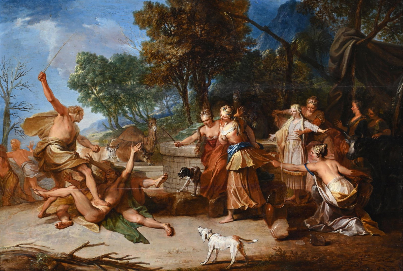 NICOLAS BERTIN (FRENCH 1668-1736), MOSES DEFENDING THE DAUGHTERS OF JETHRO: NICOLAS BERTIN (FRENCH 1668-1736)MOSES DEFENDING THE DAUGHTERS OF JETHROOil on panel49 x 70.8cm (19¼ x 27¾in.)Provenance: Probably, The Collection of Baron de VanballeProbably, His Sale, Par