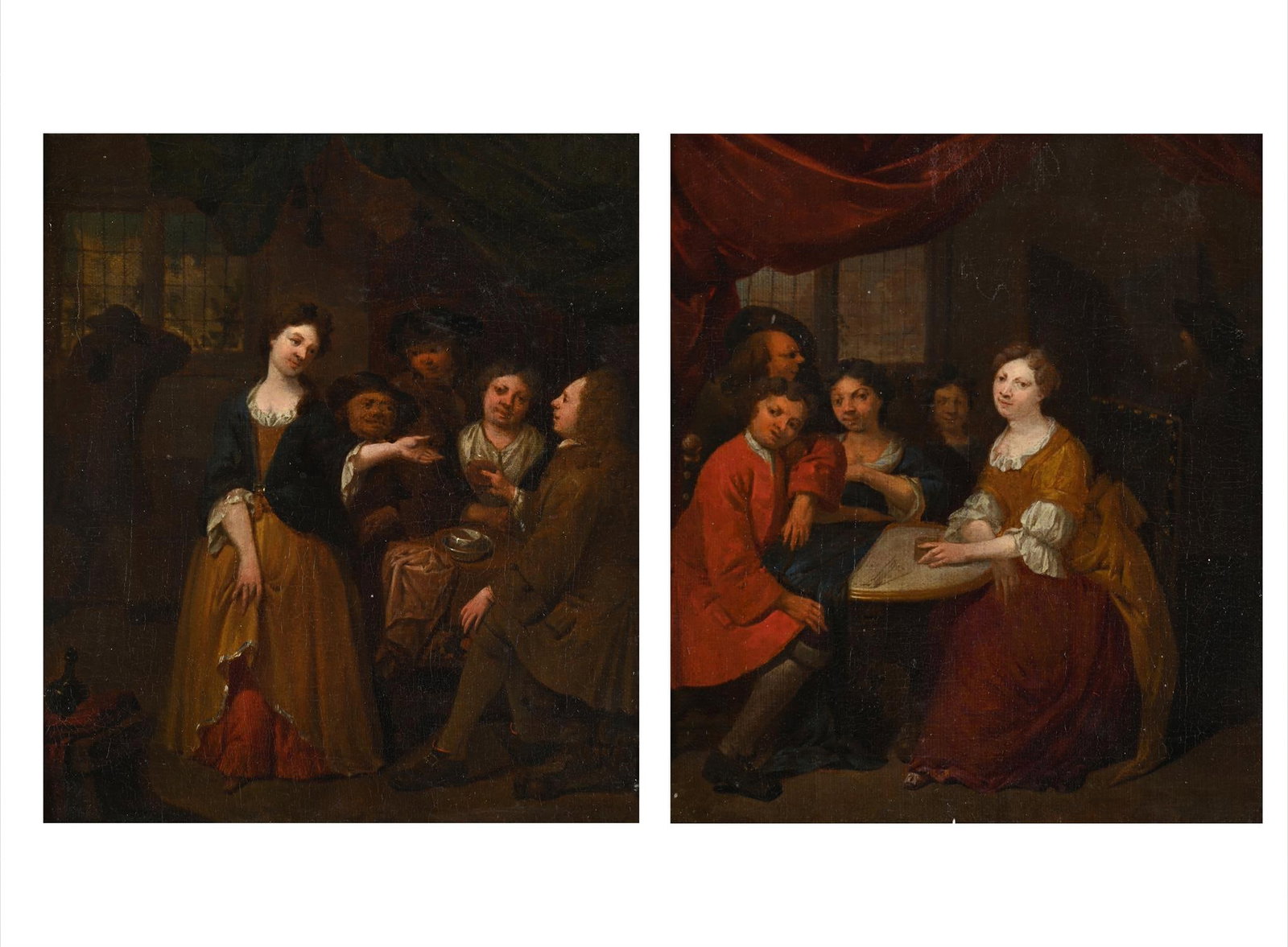JAN BAPTIST LAMBRECHTS (FLEMISH 1680 - CIRCA 1731), INTERIOR SCENES WITH FIGURES DRINKING (2): JAN BAPTIST LAMBRECHTS (FLEMISH 1680 - CIRCA 1731)INTERIOR SCENES WITH FIGURES DRINKING AND PLAYING CARDS AT TABLESOil on canvas, a pairBoth signed (lower right)Each 21 x 18.5cm (8¼ x 7¼in.)