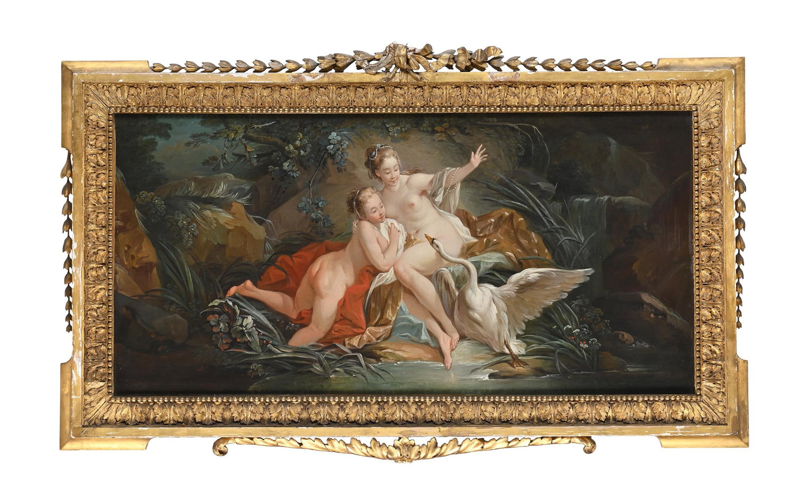 FOLLOWER OF FRANÇOIS BOUCHER (FRENCH 1703-1770), LEDA AND THE SWAN: FOLLOWER OF FRANÇOIS BOUCHER (FRENCH 1703-1770)LEDA AND THE SWANOil on canvas57 x 118cm (22¼ x 46¼in.)The present lot relates to an engraving based on Boucher's original in the National