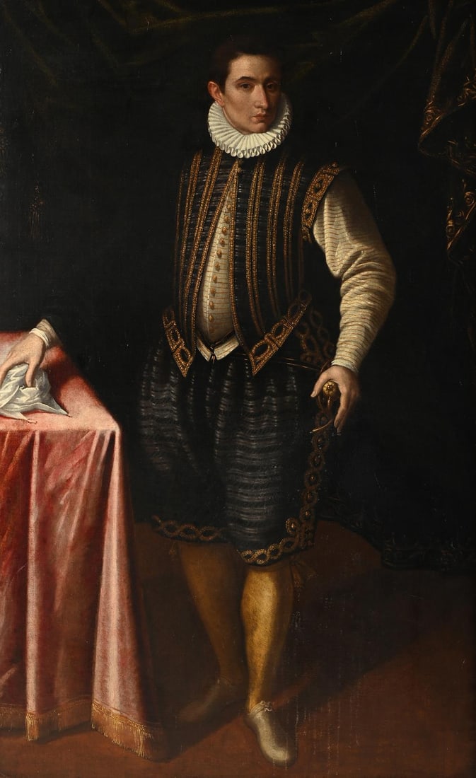 CIRCLE OF LAVINIA FONTANA (ITALIAN 1552-1614), PORTRAIT OF A GENTLEMAN: CIRCLE OF LAVINIA FONTANA (ITALIAN 1552-1614)PORTRAIT OF A GENTLEMAN, HALF-LENGTH, IN A RUFF AND STRIPED JERKINOil on canvas190.5 x 118cm (75 x 46¼in.)