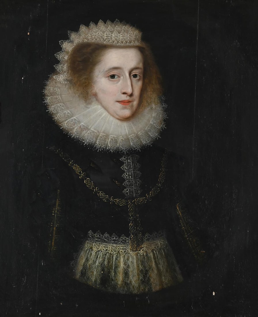 ANGLO-DUTCH SCHOOL (17TH CENTURY), PORTRAIT OF A LADY, THOUGHT TO BE MARY QUEEN OF SCOTS: ANGLO-DUTCH SCHOOL (17TH CENTURY)PORTRAIT OF A LADY, THOUGHT TO BE MARY QUEEN OF SCOTS, WITH A WHITE RUFF AND IN A BLACK SLASHED DOUBLET Oil on panel, feigned ovalBears identifying inscription 'Marie 
