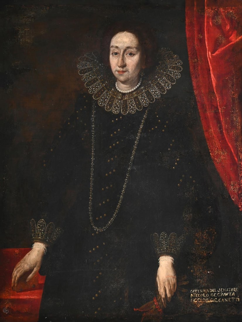 ITALIAN SCHOOL (17TH CENTURY), PORTRAIT OF A LADY: ITALIAN SCHOOL (17TH CENTURY)PORTRAIT OF A LADY, SAID TO BE CATERINA DE GIUNTAOil on canvasWith identifying inscription (lower right)126.5 x 96.6cm (49¾ x 38in.)Provenance: Sale, Christie's, Lond