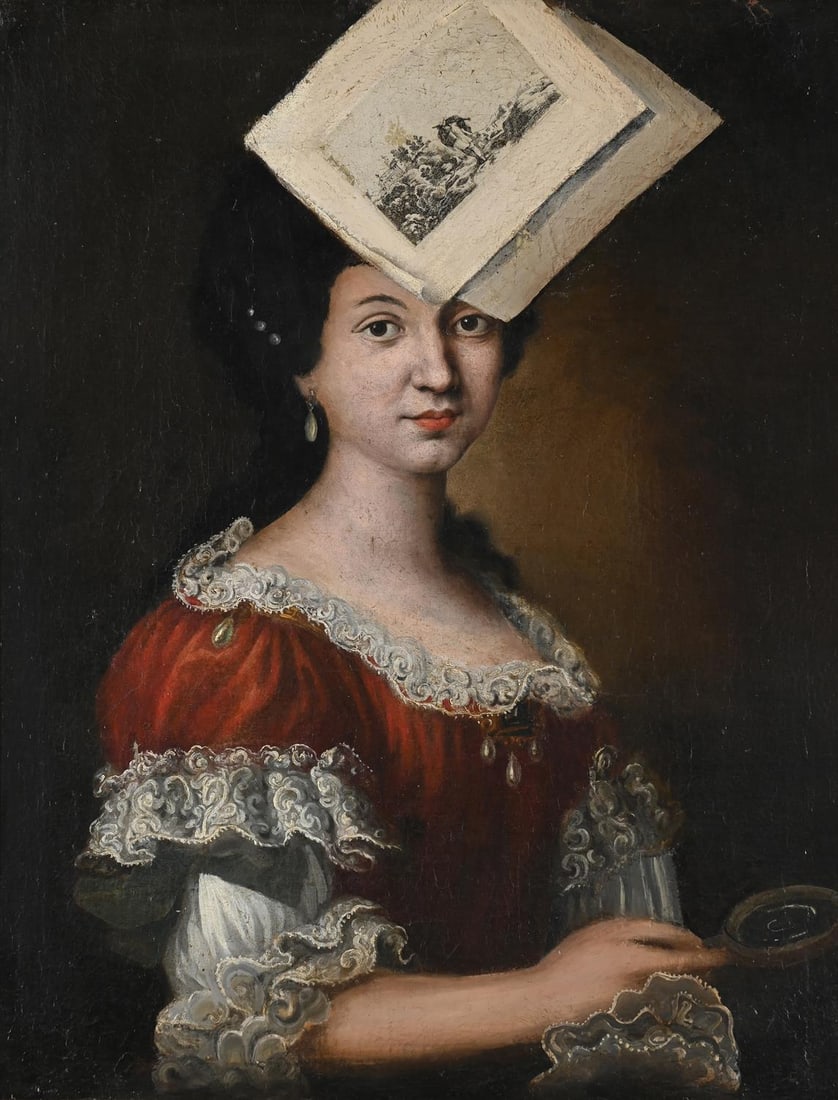 CONTINENTAL SCHOOL (LATE 18TH CENTURY), PORTRAIT OF A LADY IN A LACE EDGED RED DRESS: CONTINENTAL SCHOOL (LATE 18TH CENTURY)PORTRAIT OF A LADY IN A LACE EDGED RED DRESS, WITH A TROMPE L'OEIL OF ETCHINGSOil on canvas; trompe l'oeil possibly on a printed base71 x 54.5cm (27¾ x 21