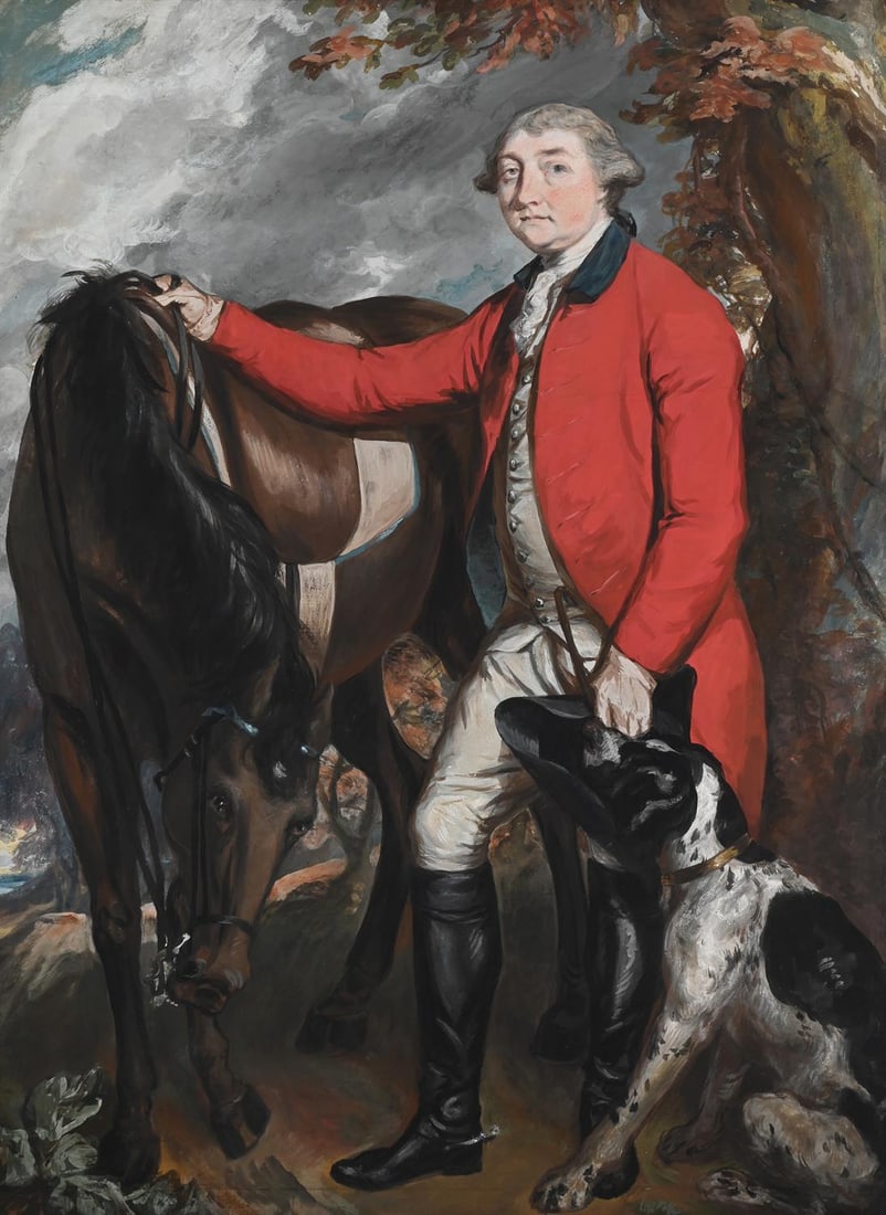 DANIEL GARDNER (BRITISH 1750-1805), PORTRAIT OF A GENTLEMAN BESIDE A SADDLED BAY HUNTER: DANIEL GARDNER (BRITISH 1750-1805)PORTRAIT OF A GENTLEMAN IN A RED COAT BESIDE A SADDLED BAY HUNTER, IN A WOODED LANDSCAPEWatercolour, bodycolour, pencil and pastel88 x 64.5cm (34½ x 25¼in.)