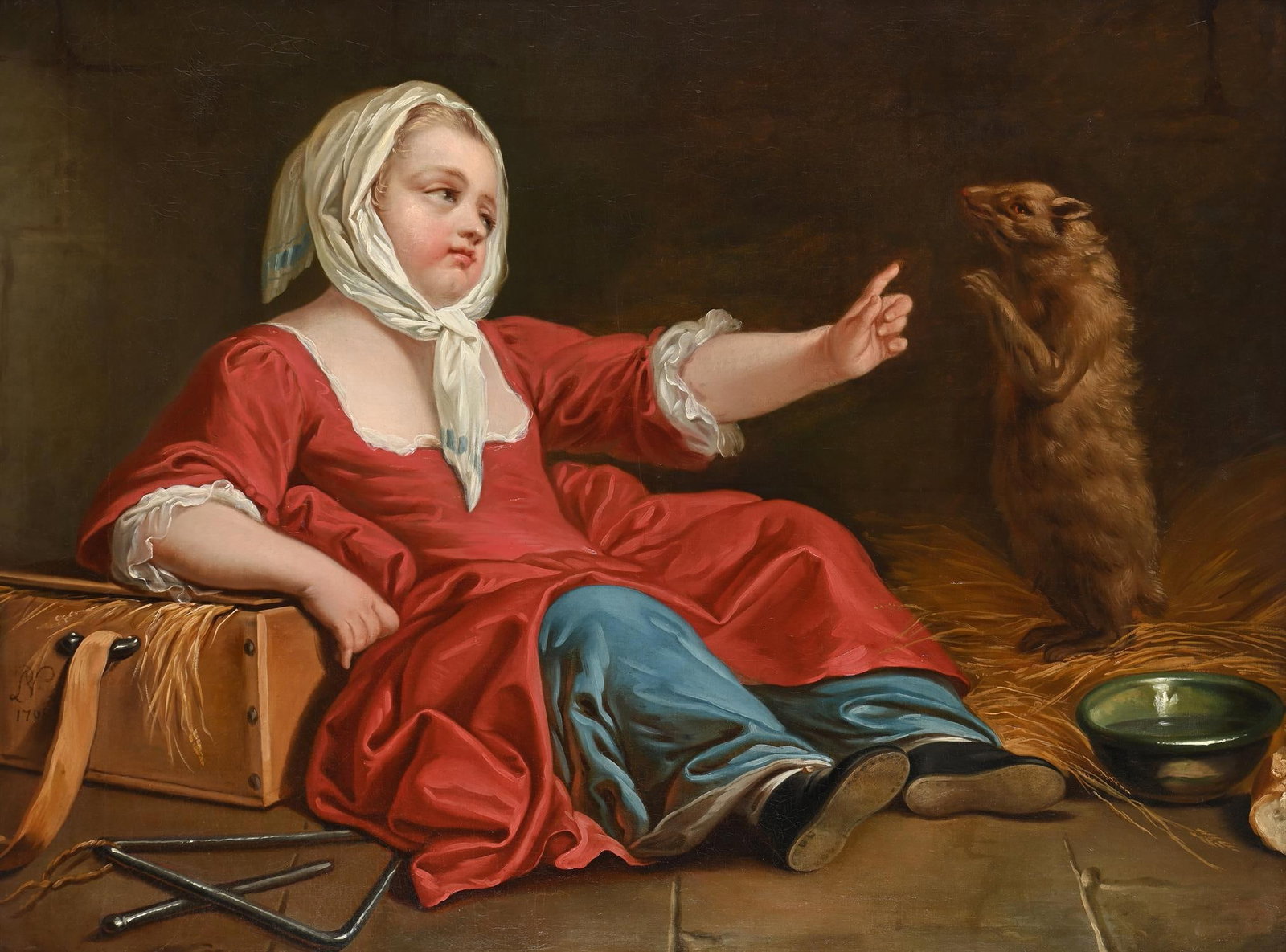 NICOLAS BERNARD LÉPICIÉ (FRENCH 1735-1784), A YOUNG PEASANT GIRL WITH A MARMOT: NICOLAS BERNARD LÉPICIÉ (FRENCH 1735-1784)A YOUNG PEASANT GIRL WITH A MARMOTOil on canvasSigned with monogram and dated '1768' (lower left, to the crate)80.5 x 106.5cm (31½ x 41¾in