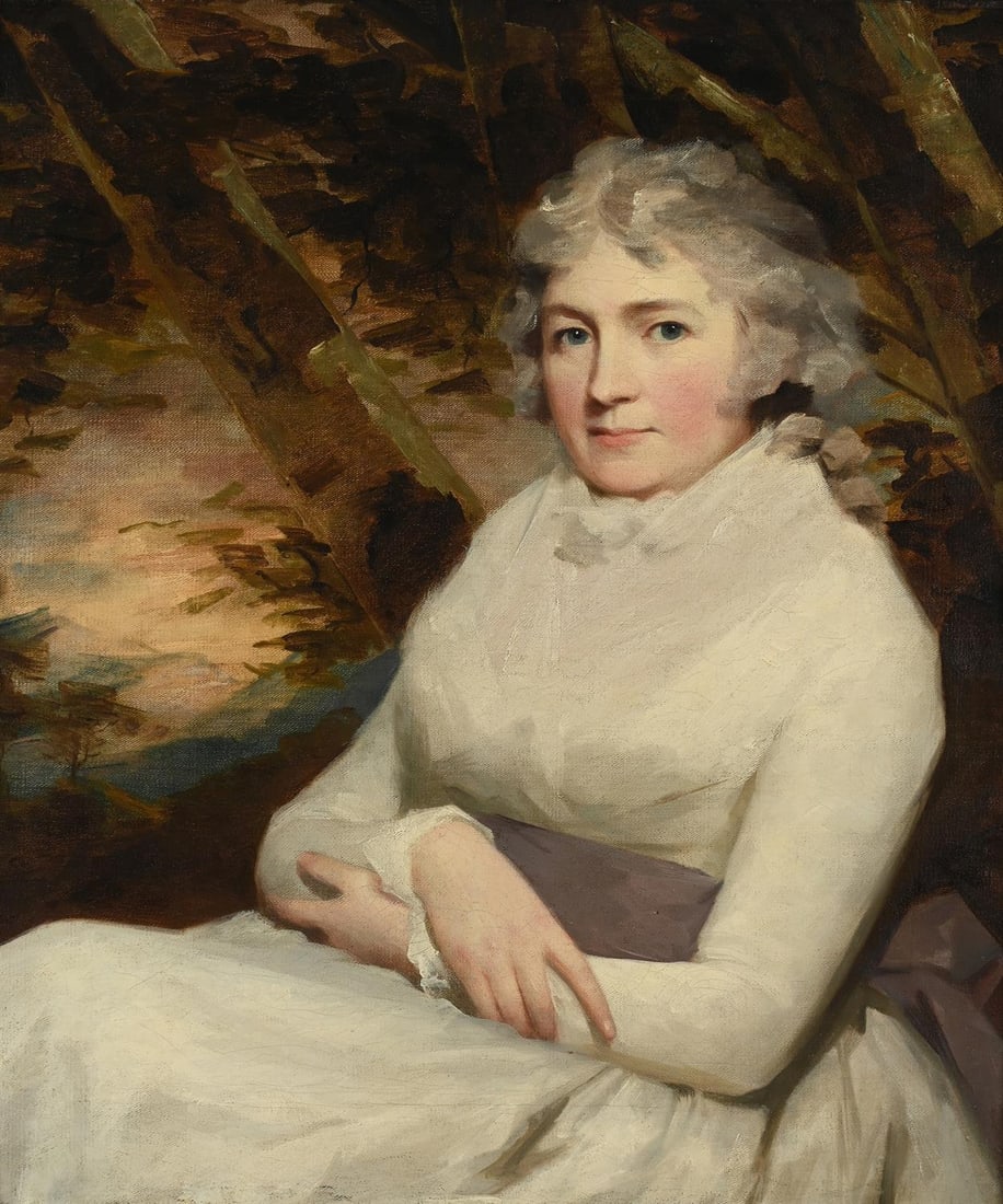 SIR HENRY RAEBURN (SCOTTISH 1756-1823), PORTRAIT OF MISS LILIAS CAMPBELL: SIR HENRY RAEBURN (SCOTTISH 1756-1823) PORTRAIT OF MISS LILIAS CAMPBELL, SEATED IN HALF-LENGTH, IN A WHITE DRESS, IN A WOODED LANDSCAPE Oil on canvas77 x 64cm (30¼ x 25 in.)Provenance:The Collect