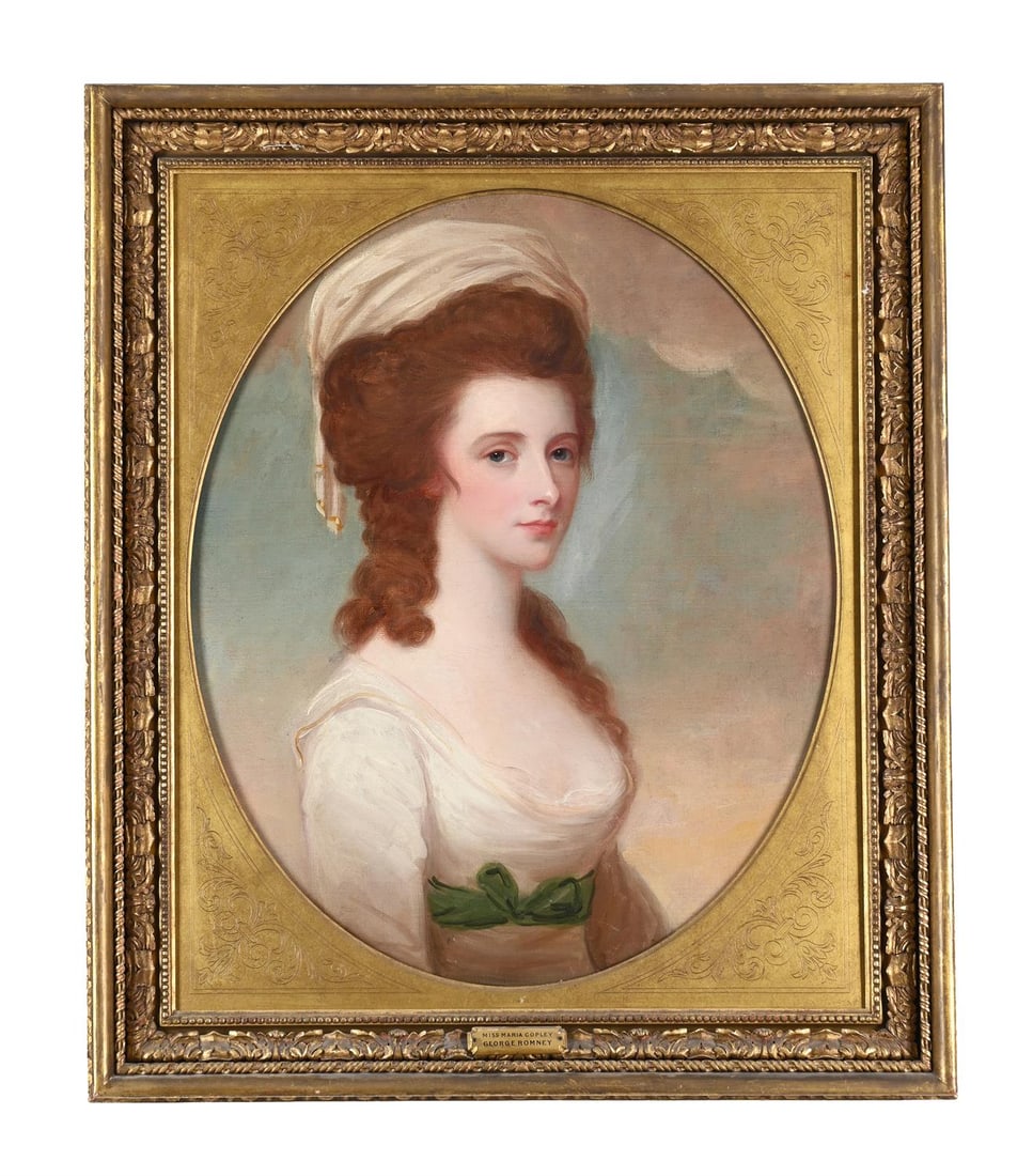 GEORGE ROMNEY (BRITISH 1734-1802), PORTRAIT OF MISS COPLEY: GEORGE ROMNEY (BRITISH 1734-1802)PORTRAIT OF MISS COPLEYOil on canvas, framed oval71.5 x 58.5cm (28 x 23in.)Provenance:Painted for the sitter's brother-in-law, John James Hamilton, later Earl of Aberc