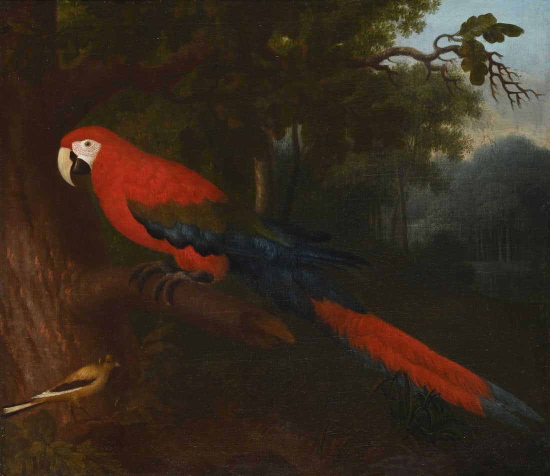 ATTRIBUTED TO SÍREN LAESSOE LANGE (DANISH 1760-1828), A PARROT ON A BRANCH (1 of 3)
