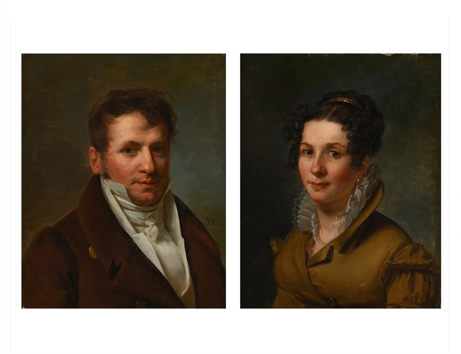 FRENCH SCHOOL (19TH CENTURY), PORTRAIT OF A GENTLEMAN IN A BROWN JACKET; PORTRAIT OF A LADY (2): FRENCH SCHOOL (19TH CENTURY)PORTRAIT OF A GENTLEMAN IN A BROWN JACKET; PORTRAIT OF A LADY IN A BROWN DRESSOil on canvas, a pairThe gentleman signed with initials and dated 'J. V. 1821' (lower right)Ea