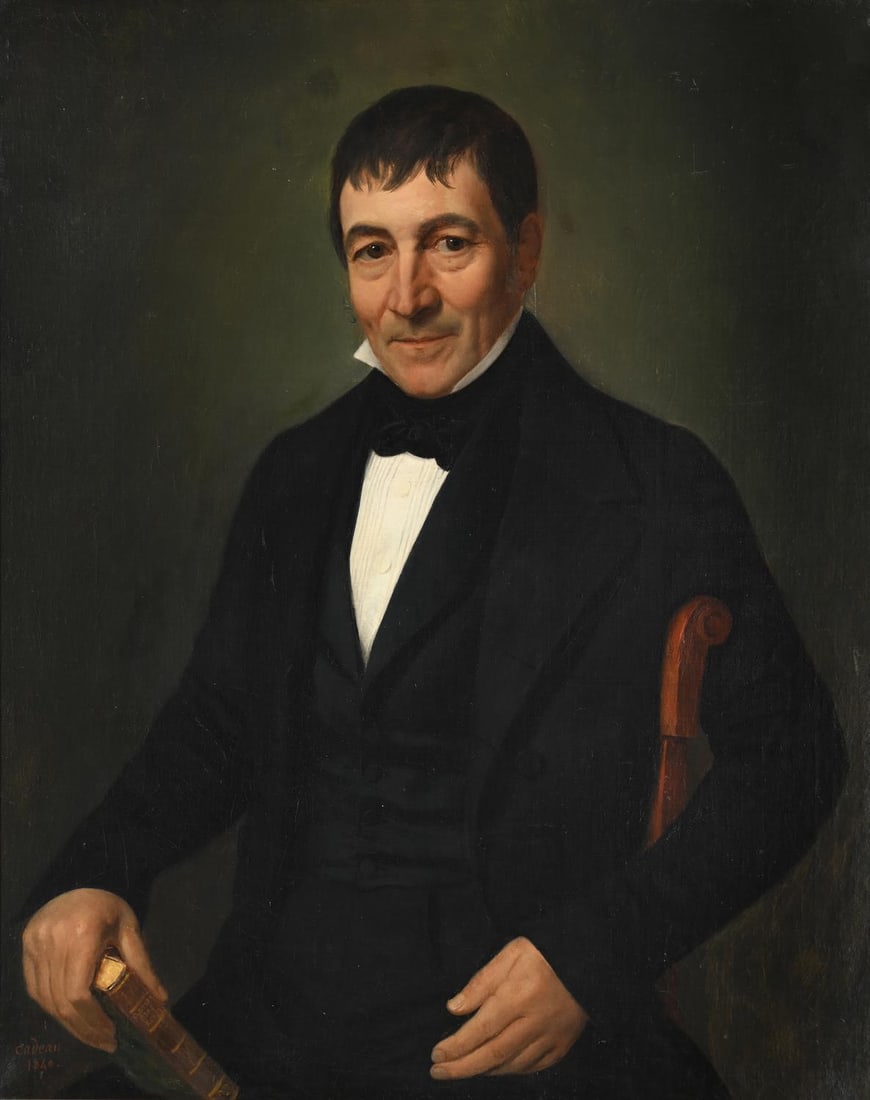 RENÉ CADEAU (FRENCH 1782-1858), PORTRAIT OF A GENTLMAN IN A BLACK JACKET: RENÉ CADEAU (FRENCH 1782-1858)PORTRAIT OF A GENTLMAN IN A BLACK JACKET Oil on canvasSigned and dated '1840' (lower left)80 x 64cm (31¼ x 25in.)