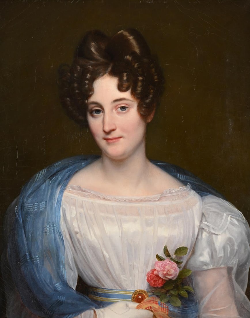 BELGIAN SCHOOL (19TH CENTURY), PORTRAIT OF A LADY WITH A BLUE SCARF (1 of 3)