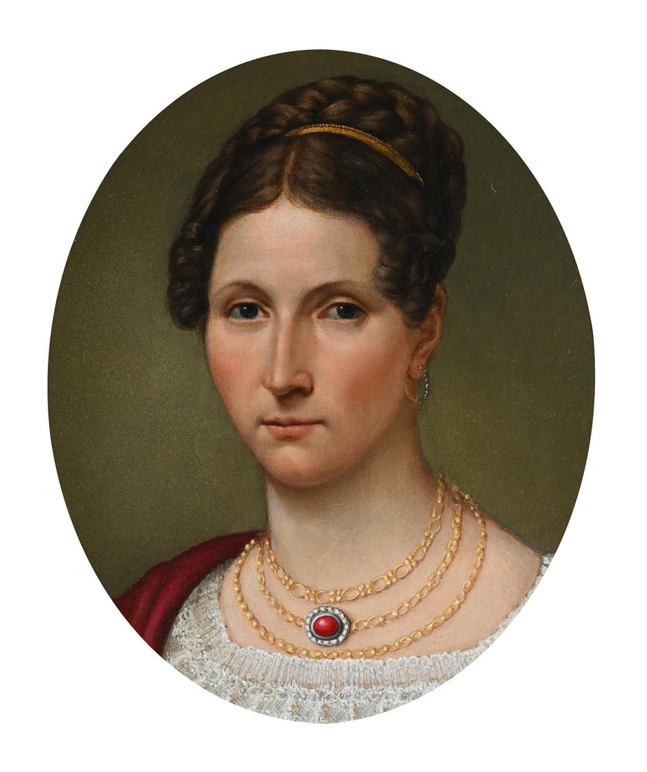 FRENCH SCHOOL (EARLY 19TH CENTURY). PORTRAIT OF A LADY WITH A RED PENDANT: FRENCH SCHOOL (EARLY 19TH CENTURY)PORTRAIT OF A LADY WITH A RED PENDANTOil on canvas board, framed oval39.5 x 32cm (15½ x 12½in.)