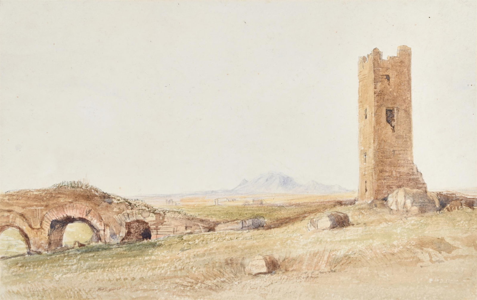 EDWARD LEAR (BRITISH 1812-1888), ROMAN CAMPAGNA: EDWARD LEAR (BRITISH 1812-1888)ROMAN CAMPAGNAPencil, ink and watercolour13.5 x 21cm (5¼ x 8¼in.)Provenance:William Prescott and thence by descentThe present watercolour is an early work by L