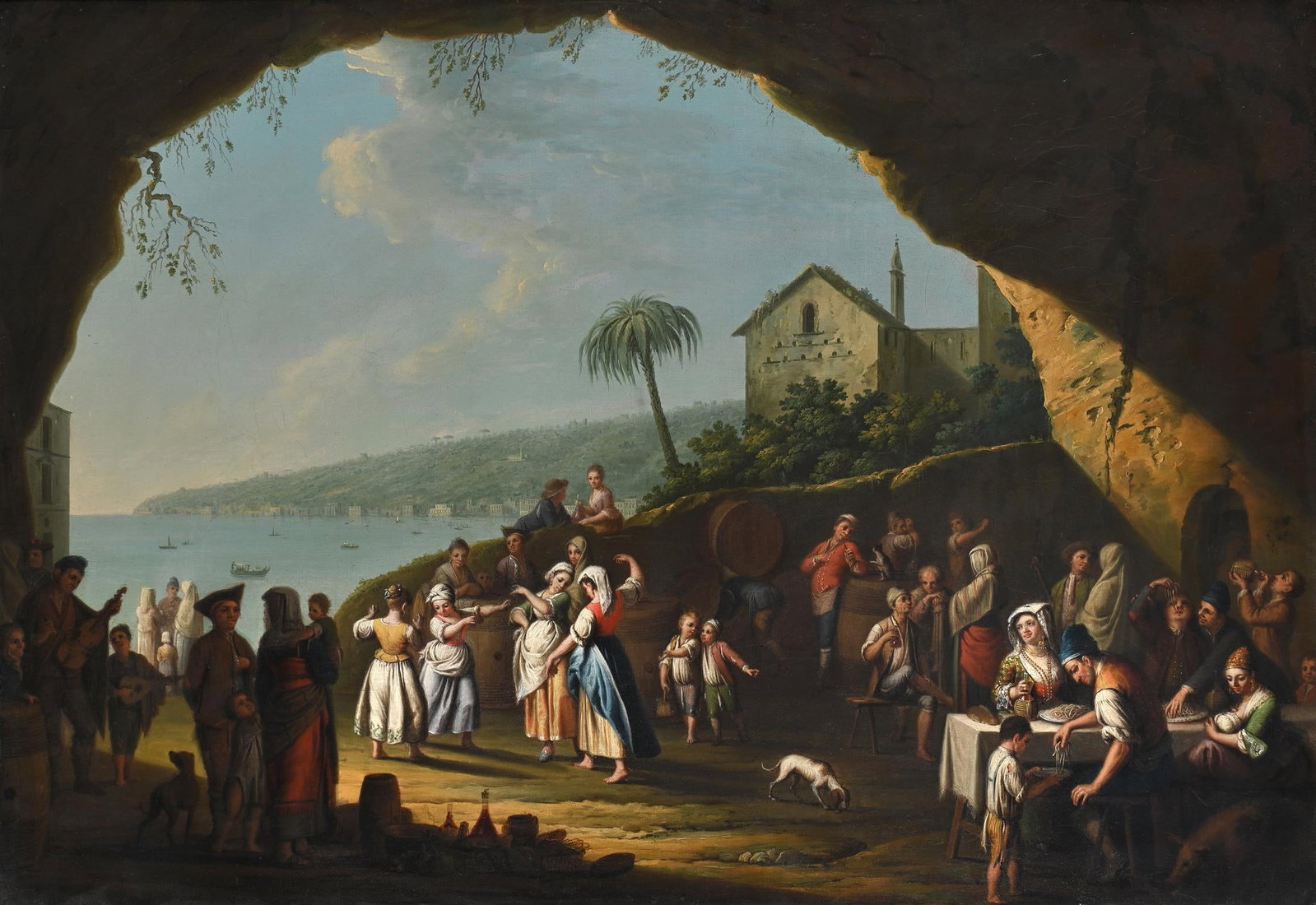 PIETRO FABRIS (ITALIAN 1740-1792), VIEW OF THE BAY OF NAPLES WITH PEASANTS DANCING AND EATING PASTA: PIETRO FABRIS (ITALIAN 1740-1792)VIEW OF THE BAY OF NAPLES WITH PEASANTS DANCING AND EATING PASTA OUTSIDE A GROTTO Oil on canvasSigned on the reverse of the original canvas67 x 99cm (26¼ x 38