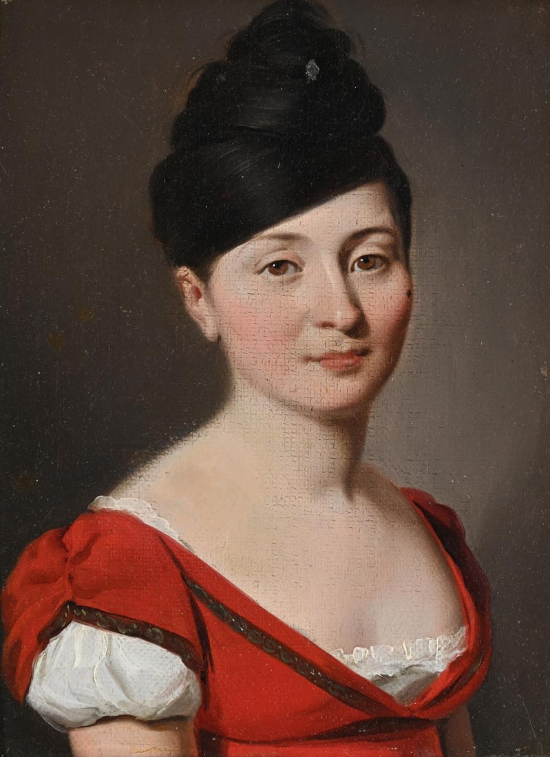 LOUIS LÉOPOLD BOILLY (FRENCH 1761-1845), PORTRAIT OF A LADY IN A RED DRESS: LOUIS LÉOPOLD BOILLY (FRENCH 1761-1845)PORTRAIT OF A LADY IN A RED DRESSOil on canvas22 x 16.5cm (8½ x 6¼in.)