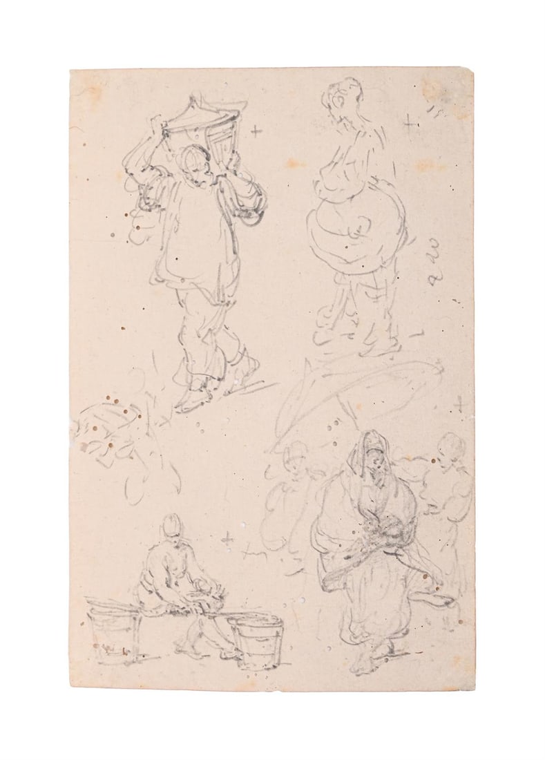 GEORGE CHINNERY (BRITISH 1774-1852), STUDY OF A MAN CARRING A BOX ON HIS SHOULDER (2): GEORGE CHINNERY (BRITISH 1774-1852)STUDY OF A MAN CARRING A BOX ON HIS SHOULDER; STUDIES OF A TANKA BOAT AND TWO FIGURES SWEEPING (RECTO) WITH STUDIES OF VARIOUS FIGURES (VERSO)PencilThe first sheet 1