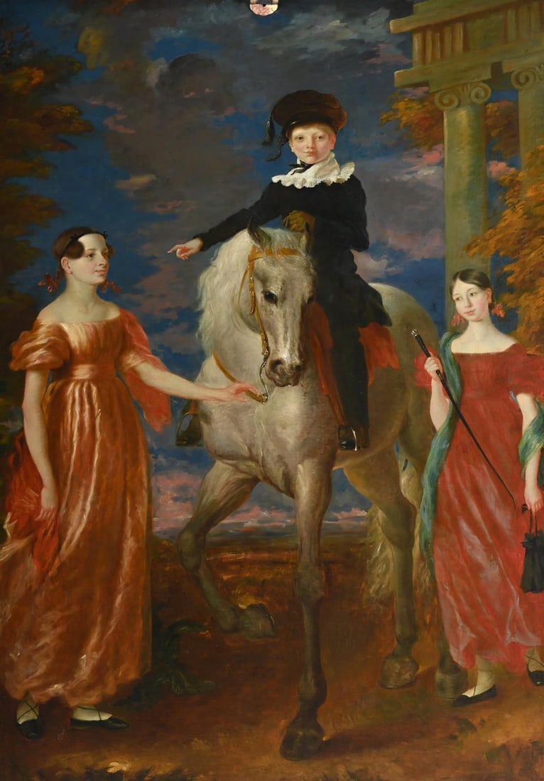 BRITISH SCHOOL (19TH CENTURY), A PORTRAIT OF THREE SIBLINGS IN A LANDSCAPE (1 of 3)